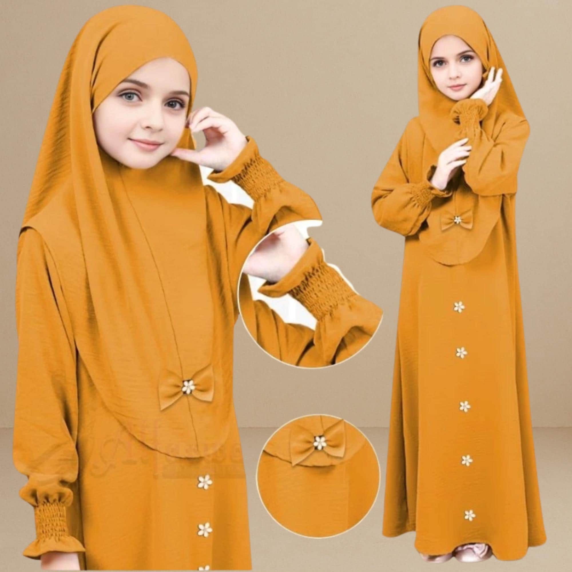 Ironless Kids’ Abaya Set with Front Diamond Star & Free Hijab – Ages 2-12 | 12 Color Options - image 4