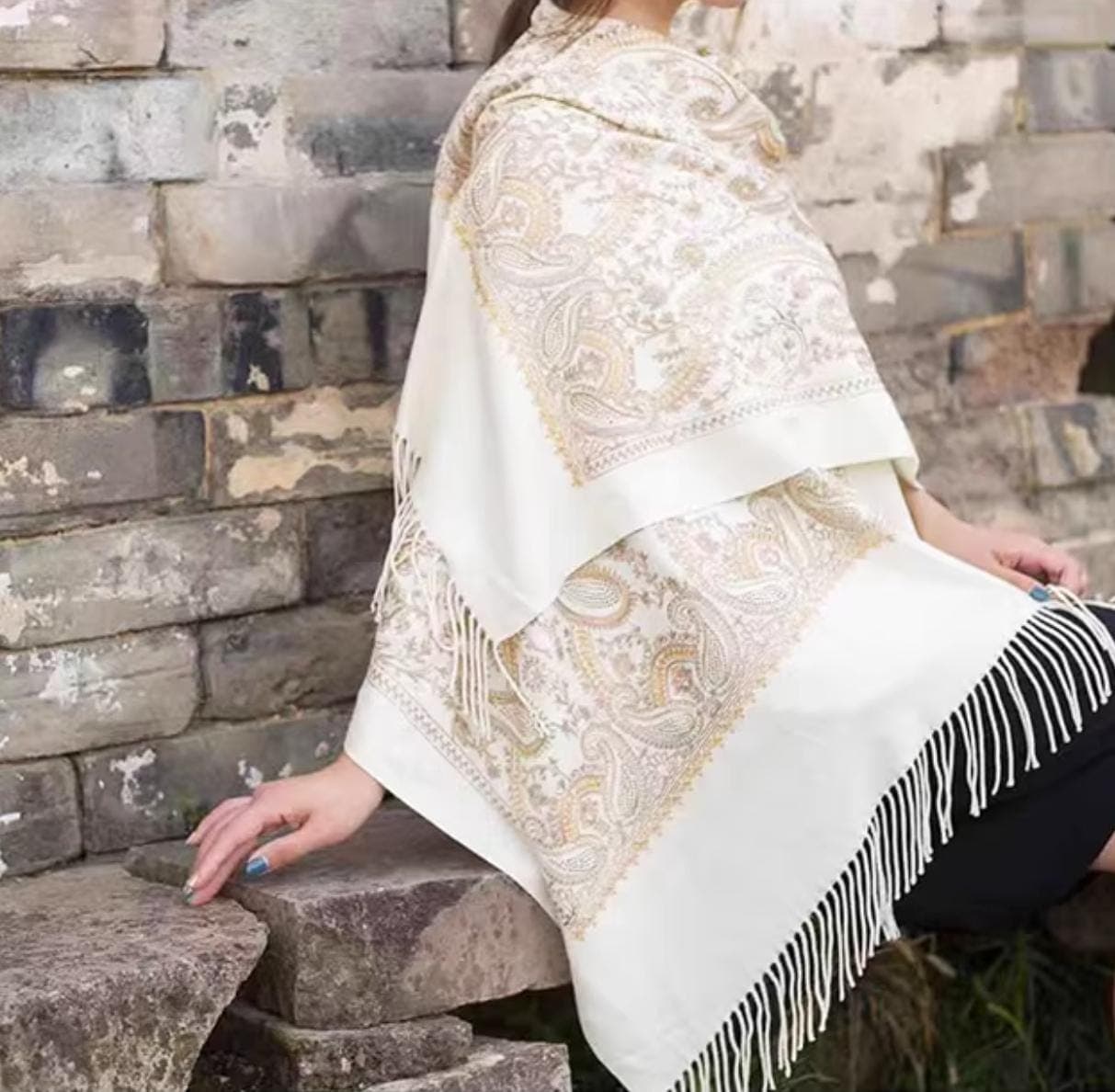 Luxury Embroidered Winter Scarf - Handmade Cashmere Pashmina Shawl for Women - Elegant Bridal Wrap, Floral Paisley Evening Stole, Boho Gift - image 5