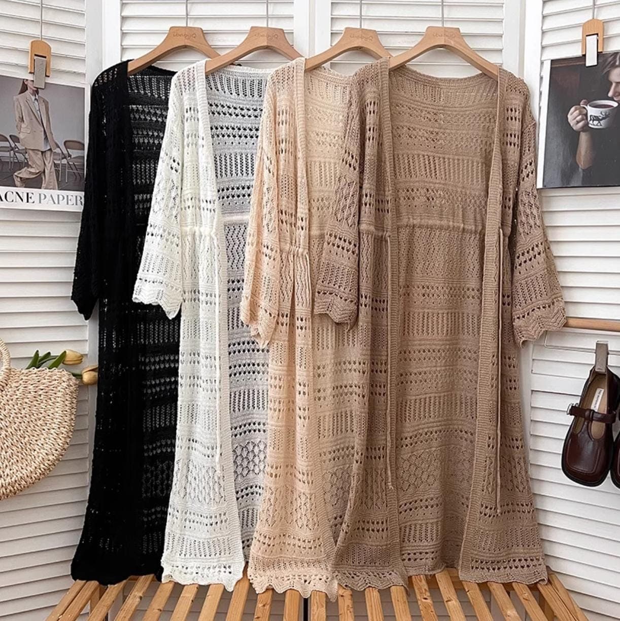Bohemian Lace Knit Cardigan, Long Open-Knit Duster, Summer Beach Cover Up, Lightweight Pointelle Kimono Sweater - image 4