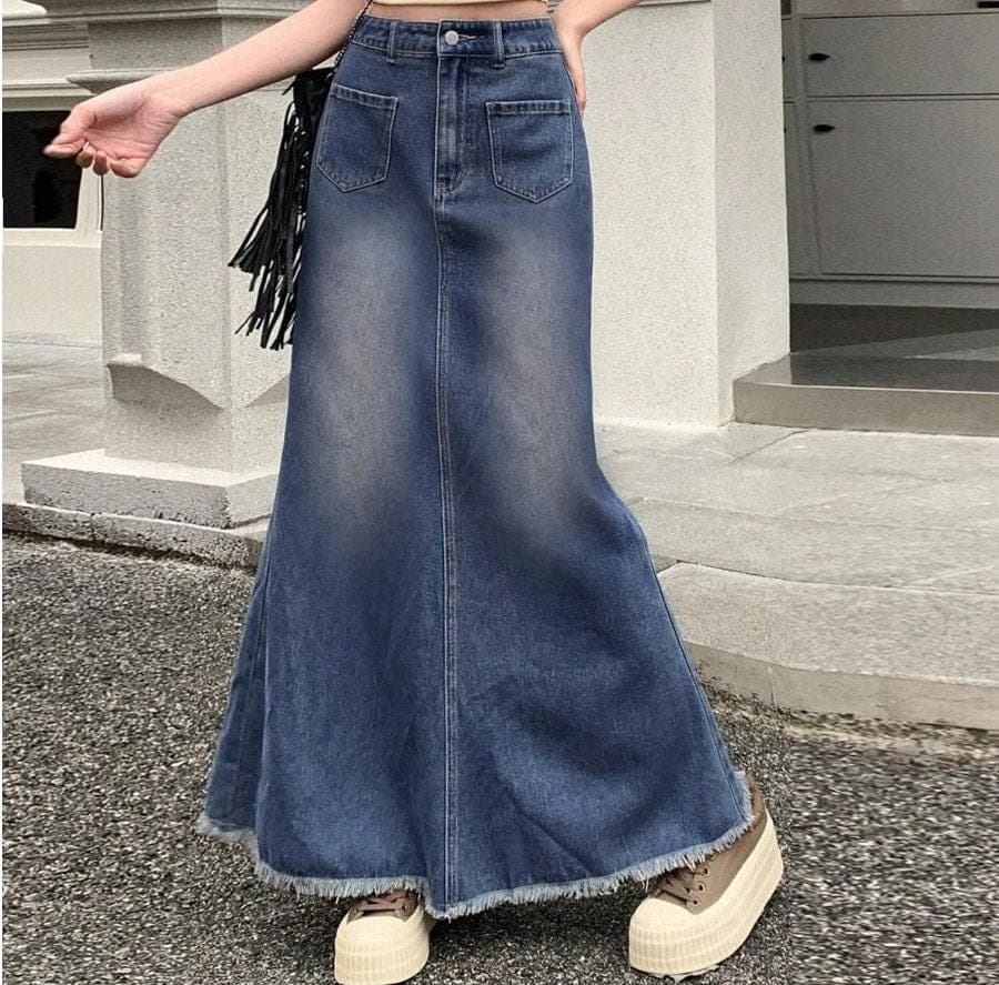 High Waisted Denim Mermaid Skirt, A-Line Long Jean Skirt, Y2K Korean Fashion, Casual Elastic Waist Streetwear Skirt - image 5