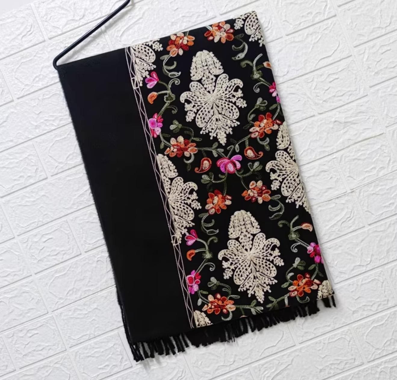Embroidered Floral Pashmina Shawl - Ivory Wool Winter Scarf for Women, Boho Wedding Wrap, Luxury Handcrafted Floral Stole, Gift for Her - image 4