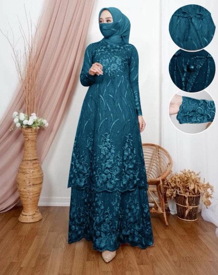 Floral Lace Maxi Dress Modest Muslim Girls | Tiered Layered Long Sleeve Gown Elegant for Eid Ramadan | Hijab Friendly Luxury Modest Wear - image 4