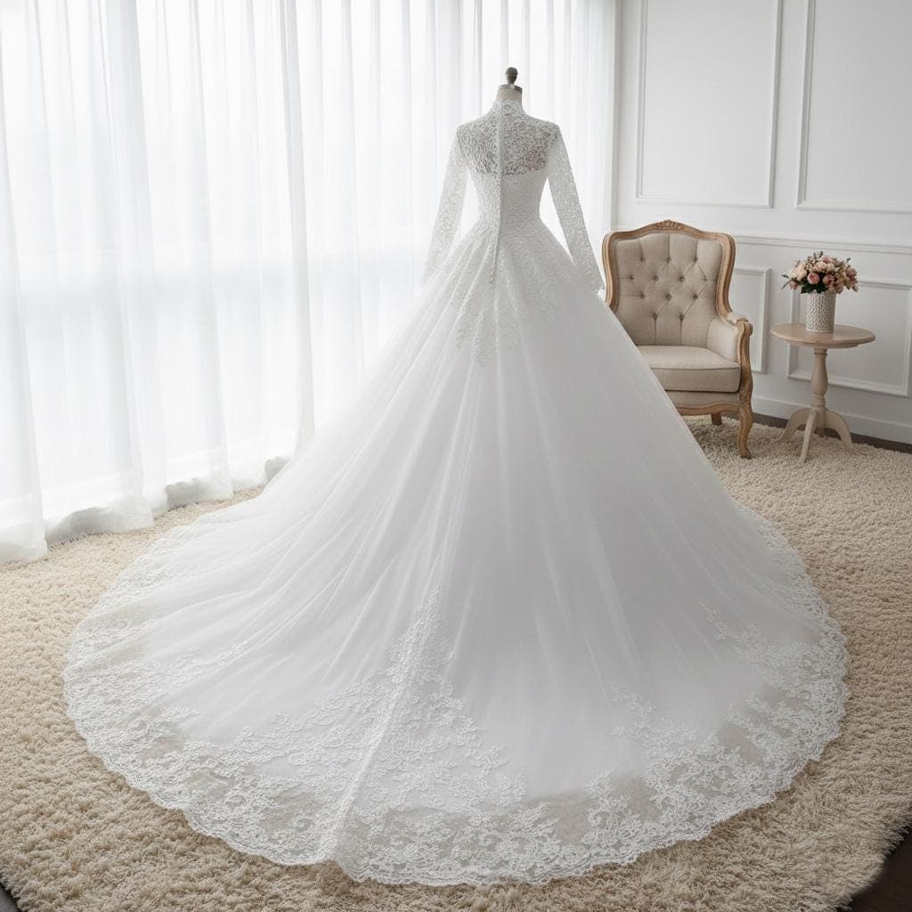 Elegant Lace Long Sleeve High Neck Ball Gown Wedding Dress - Modest White Bridal Gown with Tulle Skirt & Train - image 4