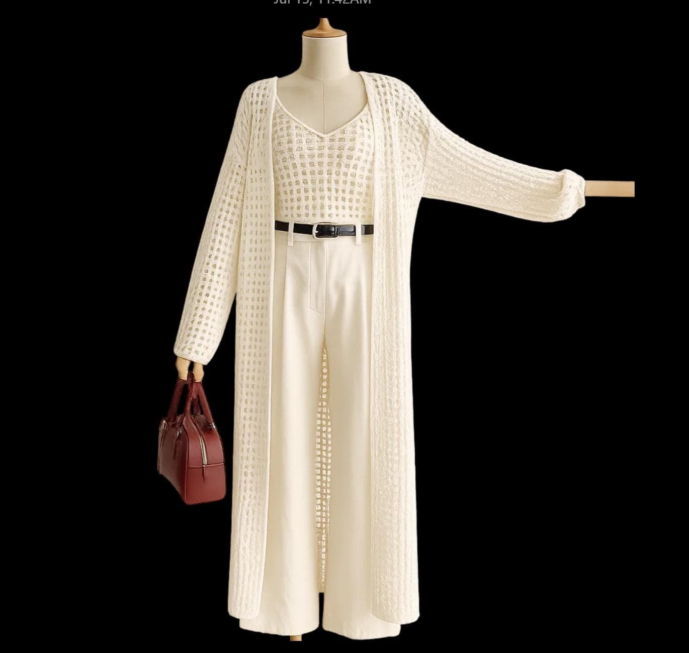 Long Knit Cardigan Duster, Cream Open-Knit Maxi Sweater, Boho Beach Cover Up, Lightweight Summer Knitwear - image 4
