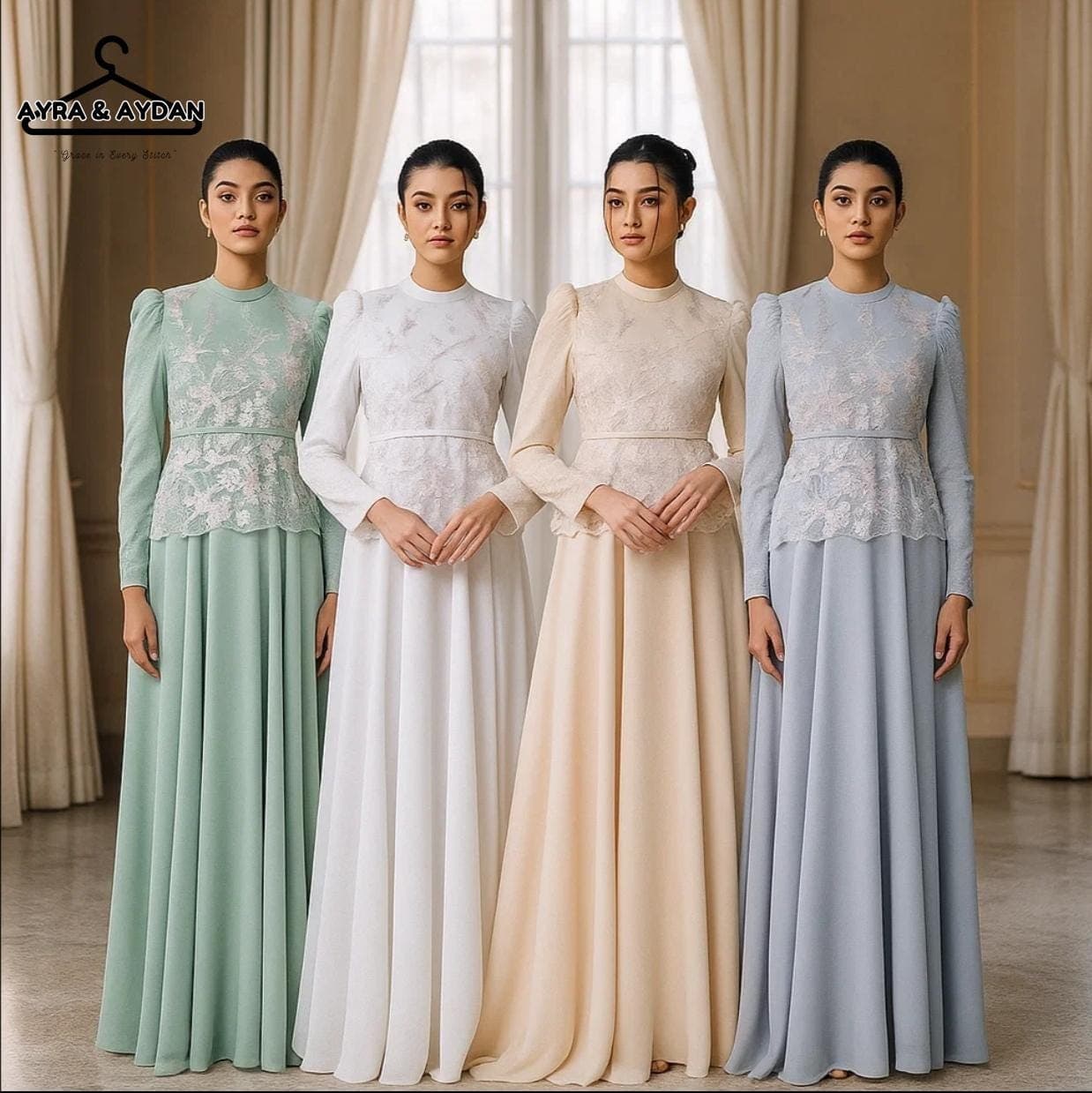 Elegant Modest Long Dress with Lace Embroidery, Bridesmaid Gala Dinner Dress, Kebaya Style Evening Gown, Muslimah Occasion Wear, Custom Fit