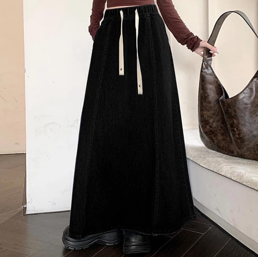 High Waisted Denim Maxi Skirt, A-Line Long Jean Skirt with Drawstring, Y2K Korean Fashion, Casual Elastic Waist Streetwear Skirt - image 4