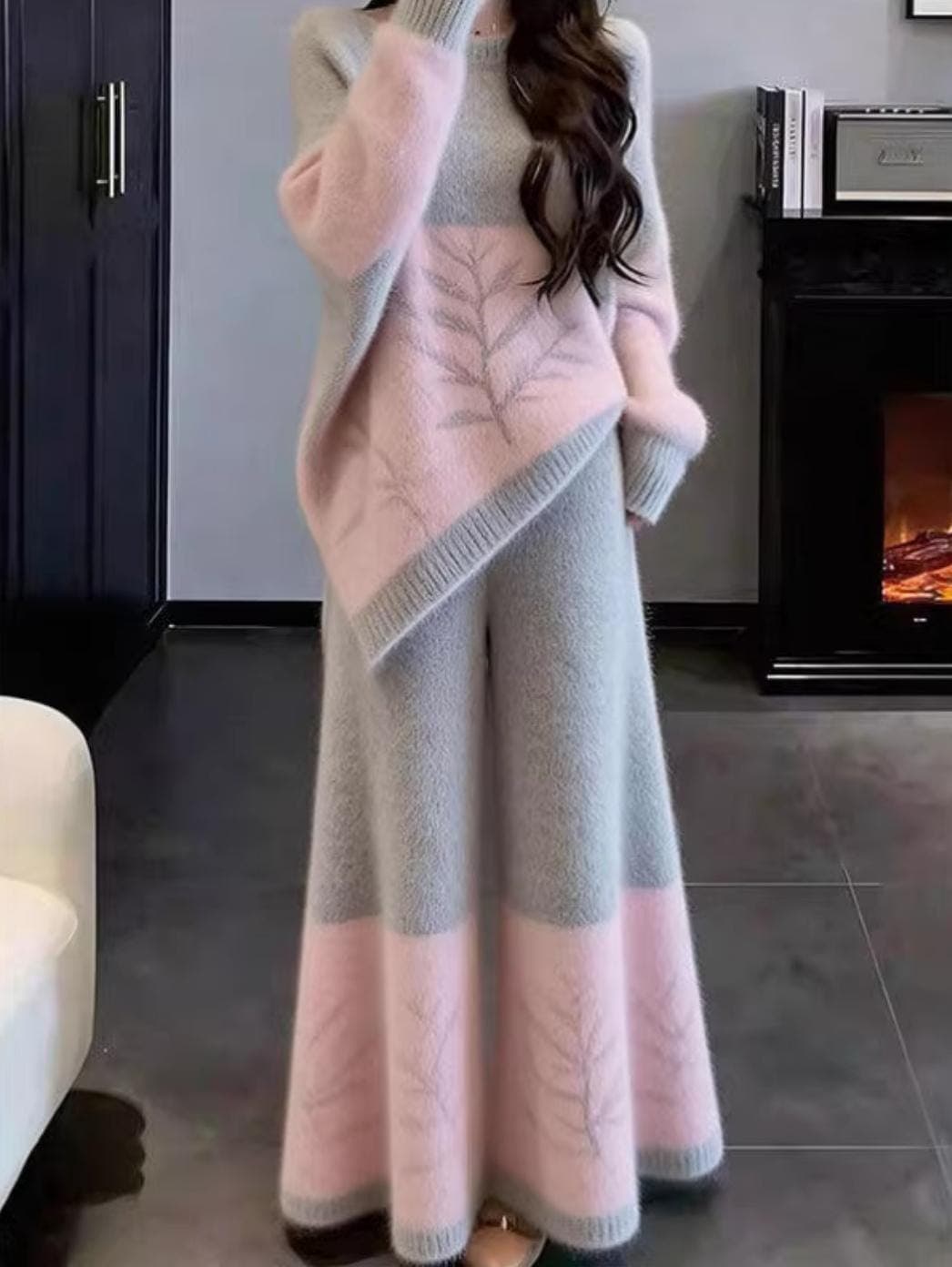 Cozy Pink & Grey Fuzzy Knit Two-Piece Set - Asymmetrical Leaf Pattern Sweater and Maxi Skirt - Korean Fashion Lounge Outfit - Winter Gift - image 5