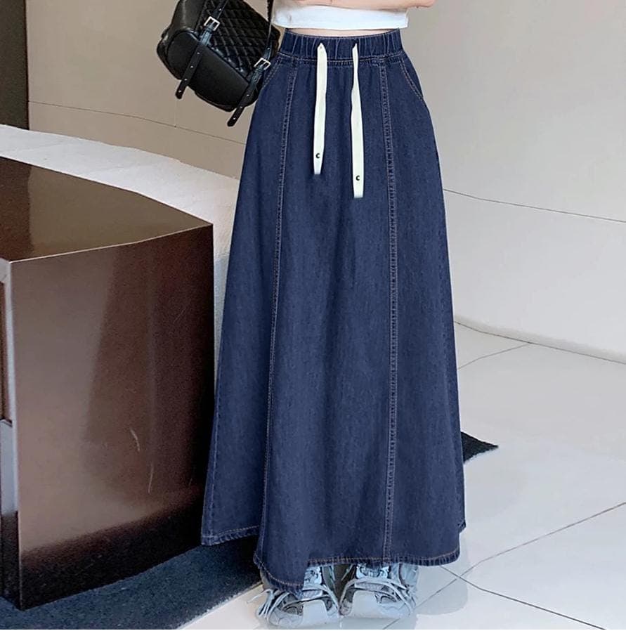 High Waisted Denim Maxi Skirt, A-Line Long Jean Skirt with Drawstring, Y2K Korean Fashion, Casual Elastic Waist Streetwear Skirt - image 5