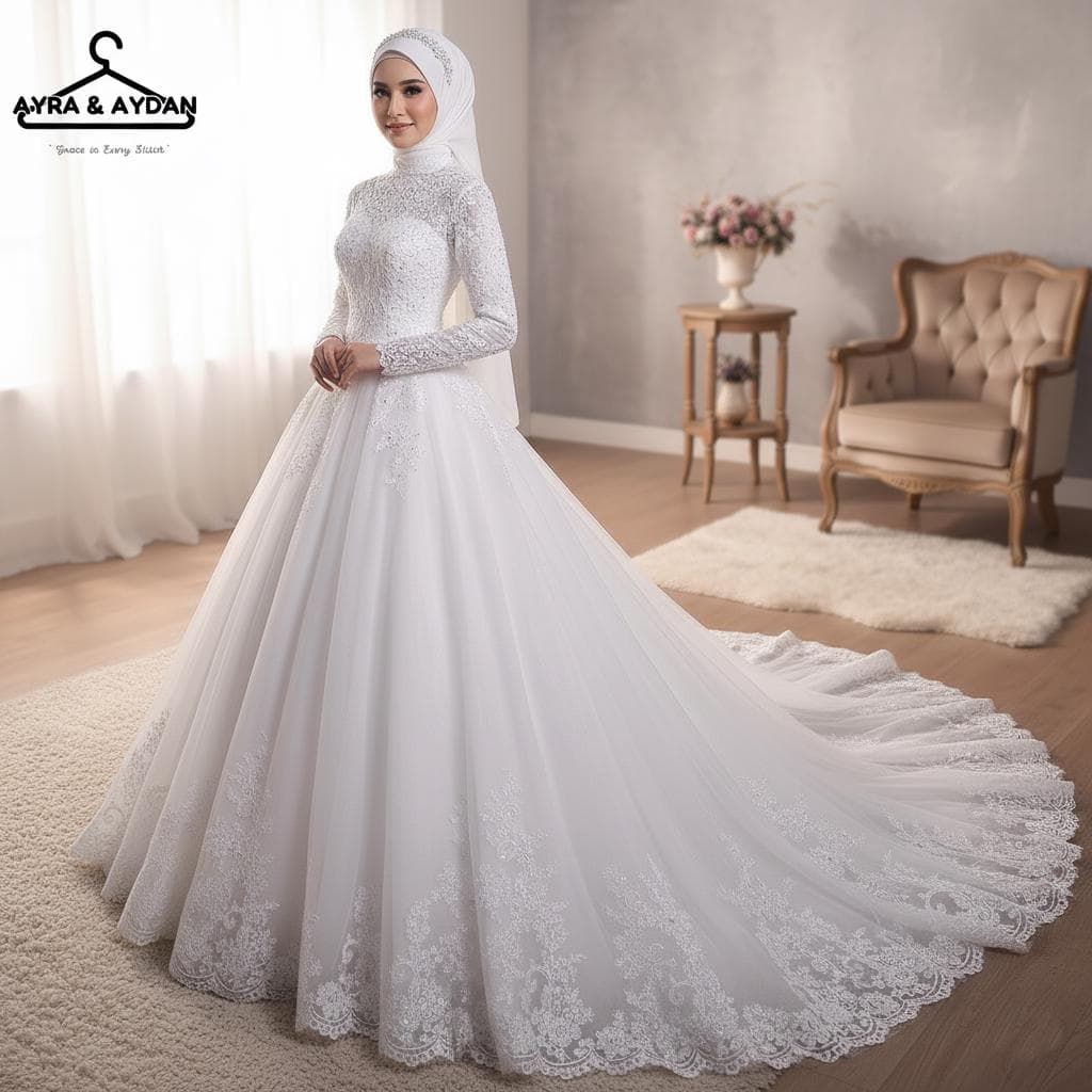 Elegant Lace Long Sleeve High Neck Ball Gown Wedding Dress - Modest White Bridal Gown with Tulle Skirt & Train
