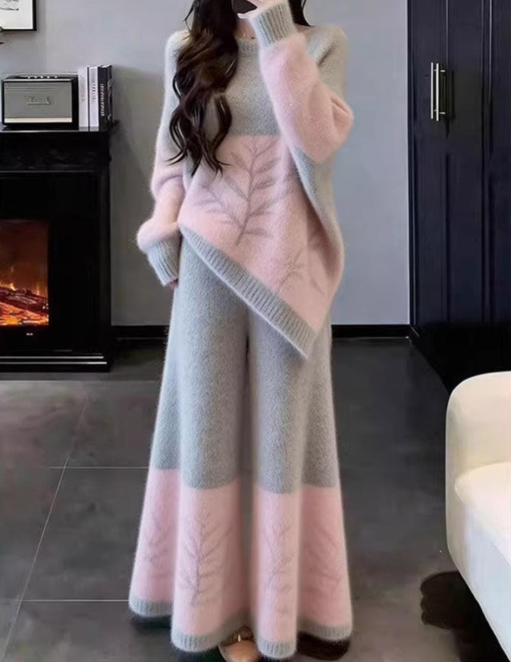 Cozy Pink & Grey Fuzzy Knit Two-Piece Set - Asymmetrical Leaf Pattern Sweater and Maxi Skirt - Korean Fashion Lounge Outfit - Winter Gift - image 3