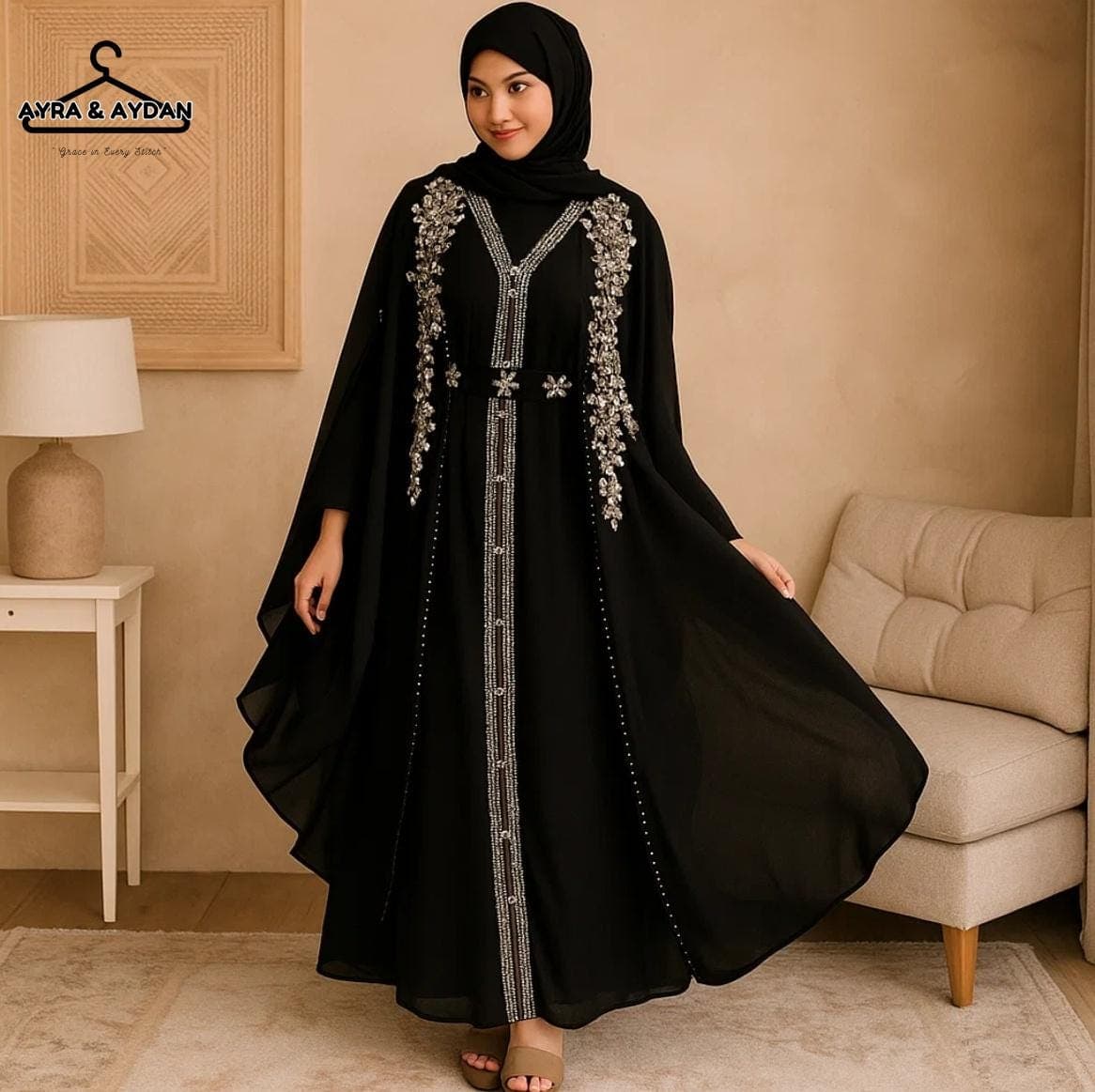 Elegant Black Abaya with Floral Embroidery, Modest Islamic Dress, Traditional Middle Eastern Fashion, Women's Hijab Outfit