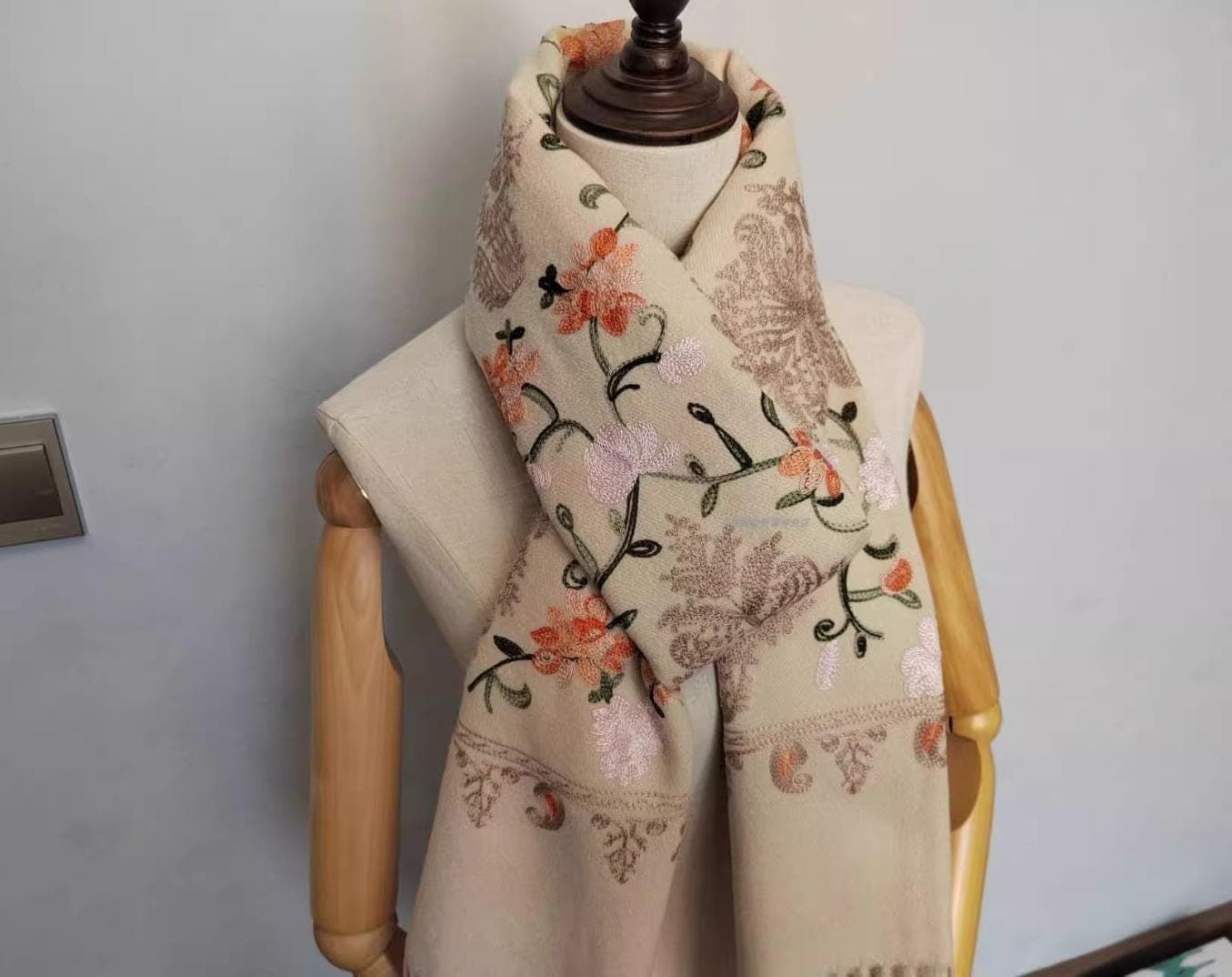 Handmade Embroidered Wool Scarf, Floral Pashmina Shawl, Boho Winter Wrap - image 5