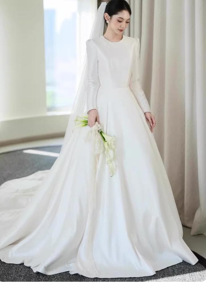 Elegant French Style Minimalist Modest Satin Wedding Gown with Long Sleeves - image 5