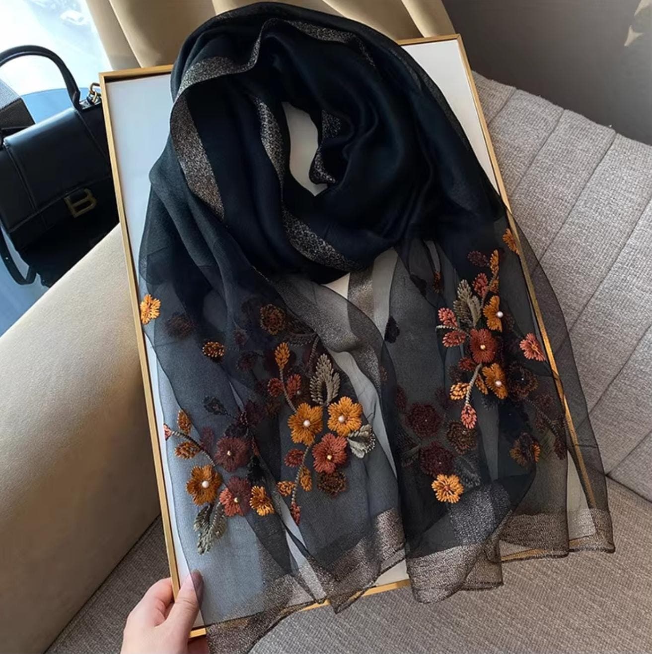 Luxury Organza Silk Scarf with Pearls, 3D Floral Embroidery Wrap, White Sheer Headscarf, Vintage Style Summer Shawl, Handmade Gift for Her - image 4