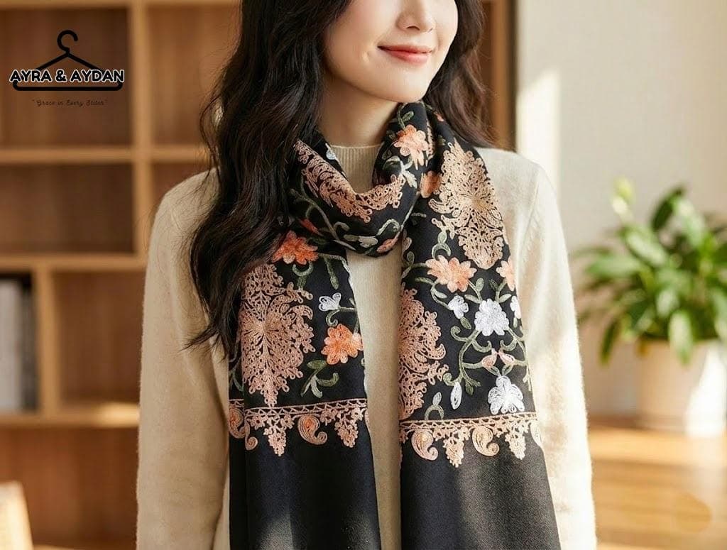 Handmade Embroidered Wool Scarf, Floral Pashmina Shawl, Boho Winter Wrap - image 3