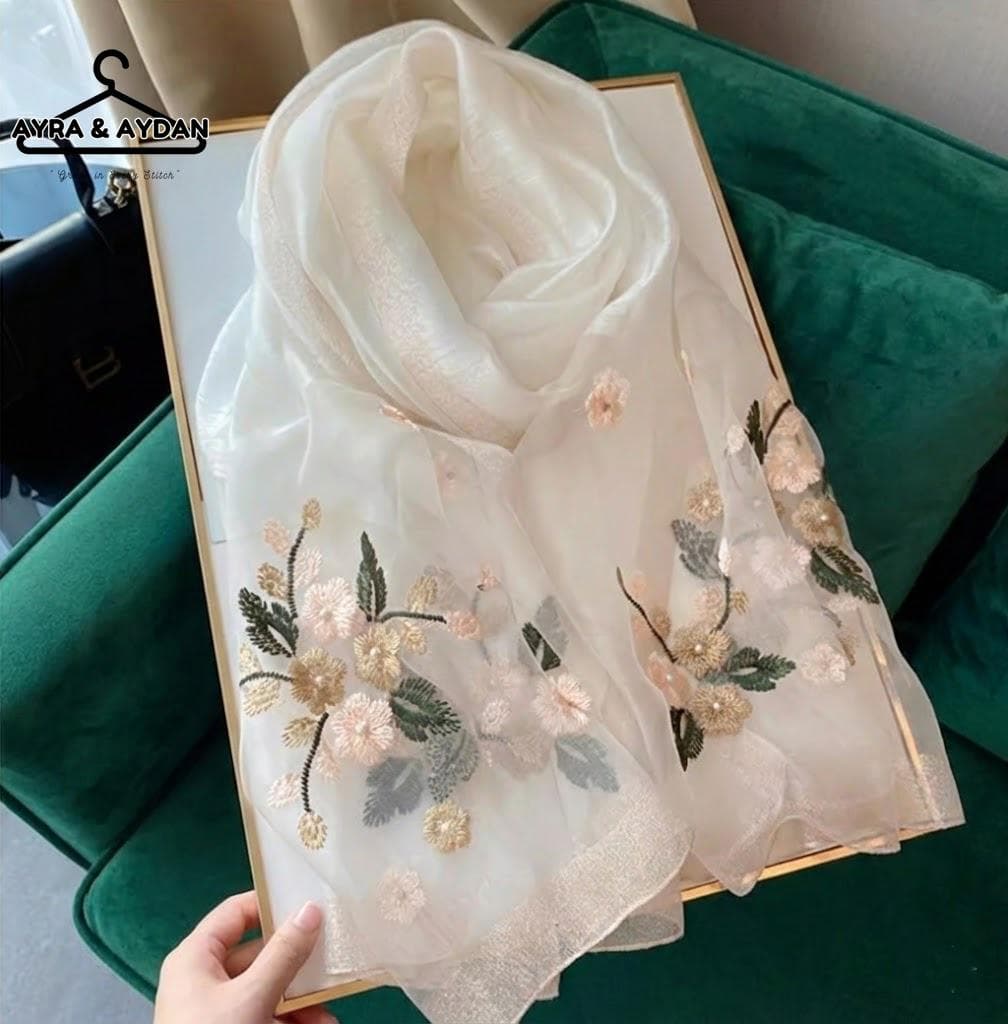 Luxury Organza Silk Scarf with Pearls, 3D Floral Embroidery Wrap, White Sheer Headscarf, Vintage Style Summer Shawl, Handmade Gift for Her