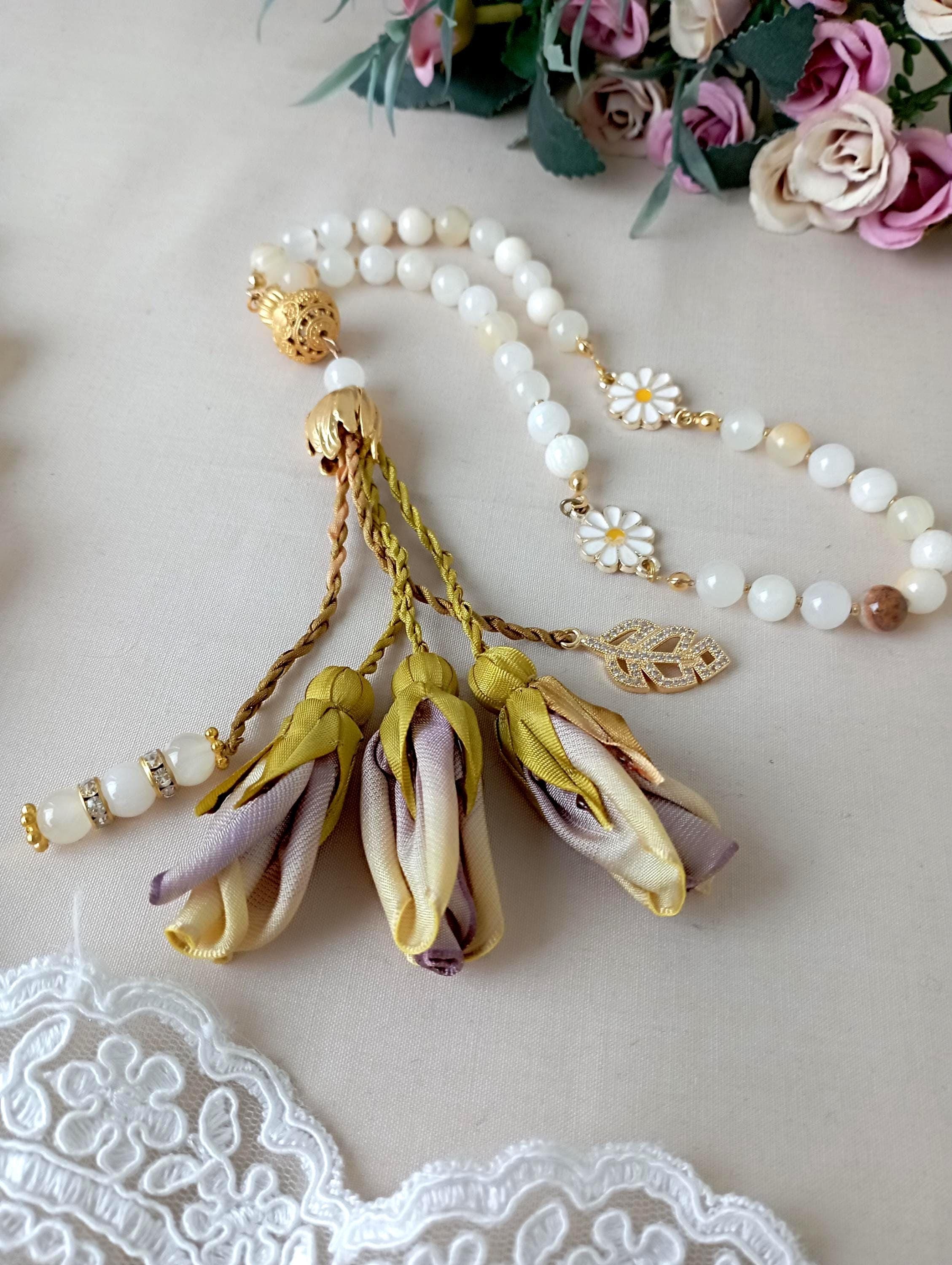 White Natural Ceyt Stone Tasbih Prayer Beads with Bookmark: Gold Accents - image 5