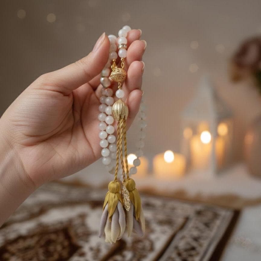 White Natural Ceyt Stone Tasbih Prayer Beads with Bookmark: Gold Accents - image 4