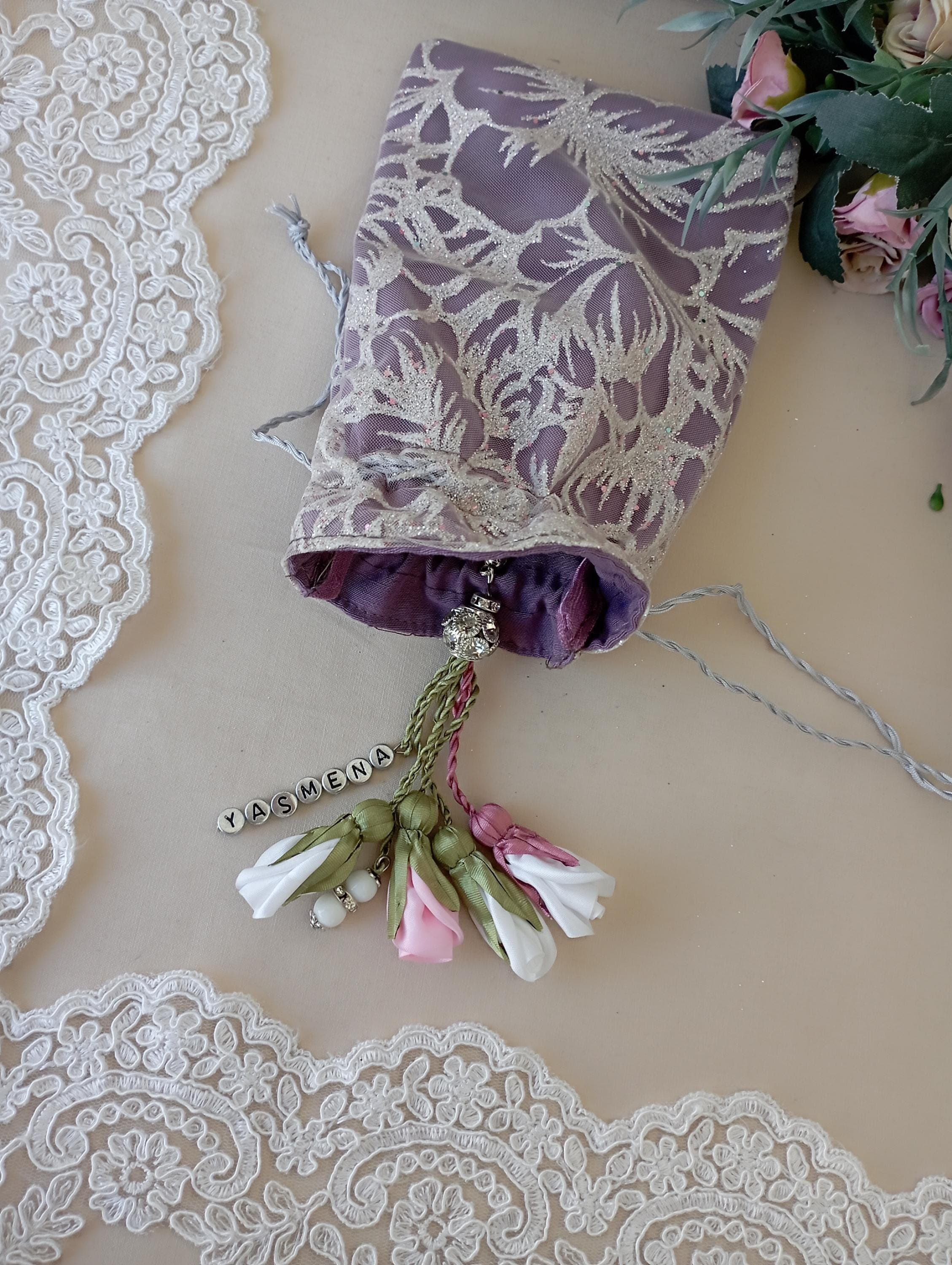 Personalized Prayer Bead Pouch, Glitter Fabric Drawstring Bag - image 5