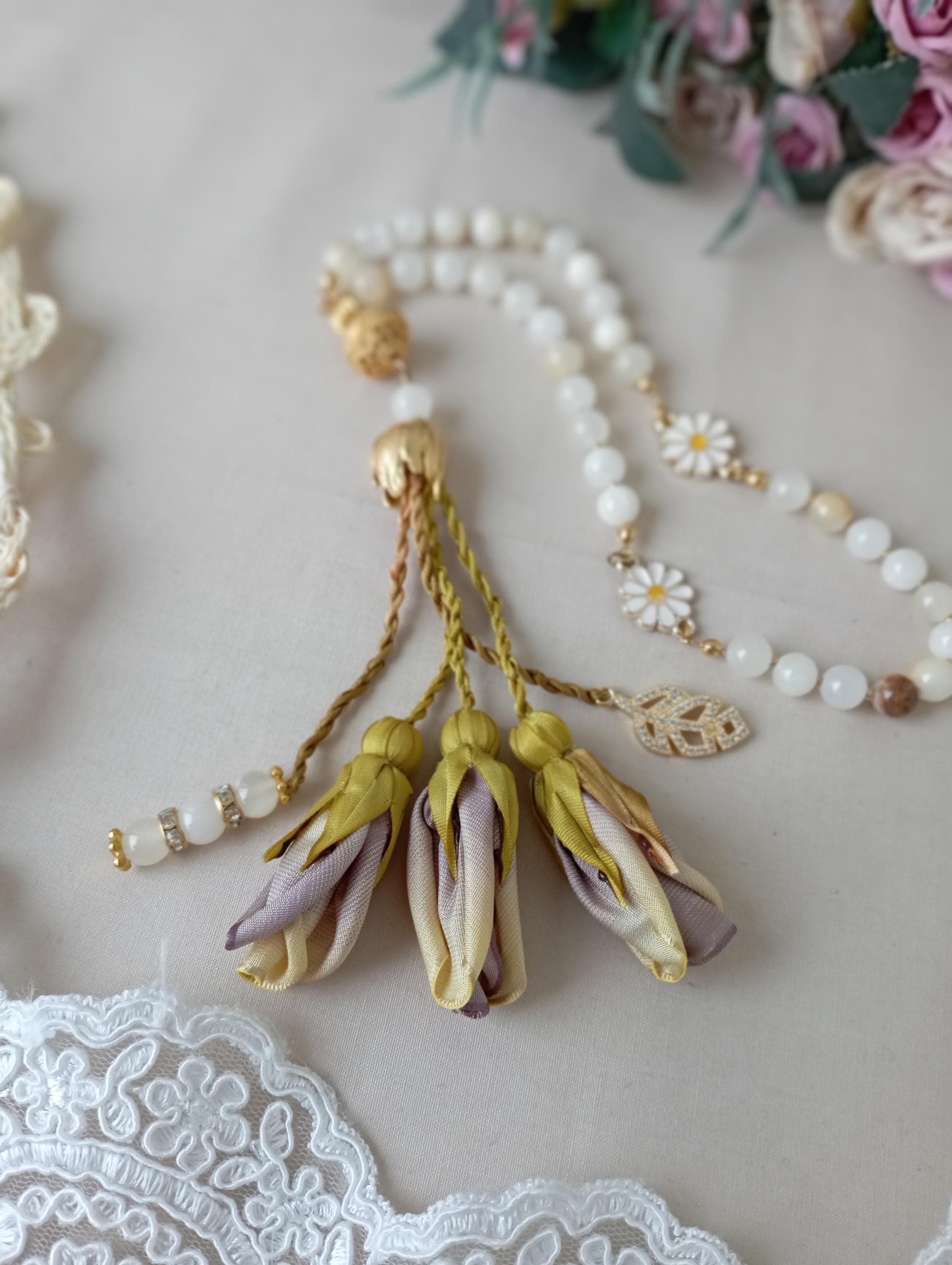White Natural Ceyt Stone Tasbih Prayer Beads with Bookmark: Gold Accents - image 3