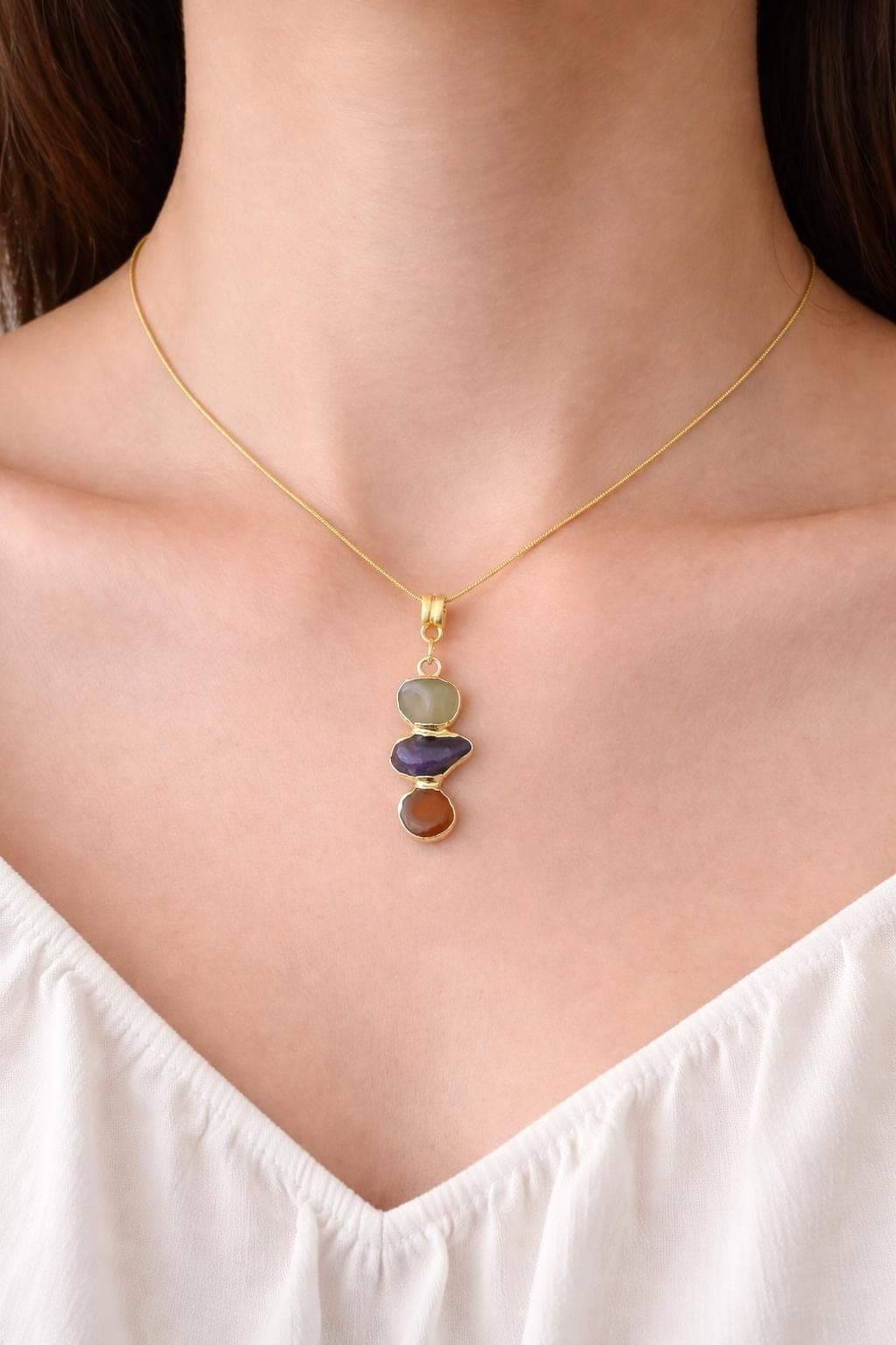 Handmade Natural Stone Necklace, Raw indian Emerald-Amethyst-Quartz Pendant, Stell Anatolian Motif , Agate- Amethyst-Agate-Jewelry - image 3