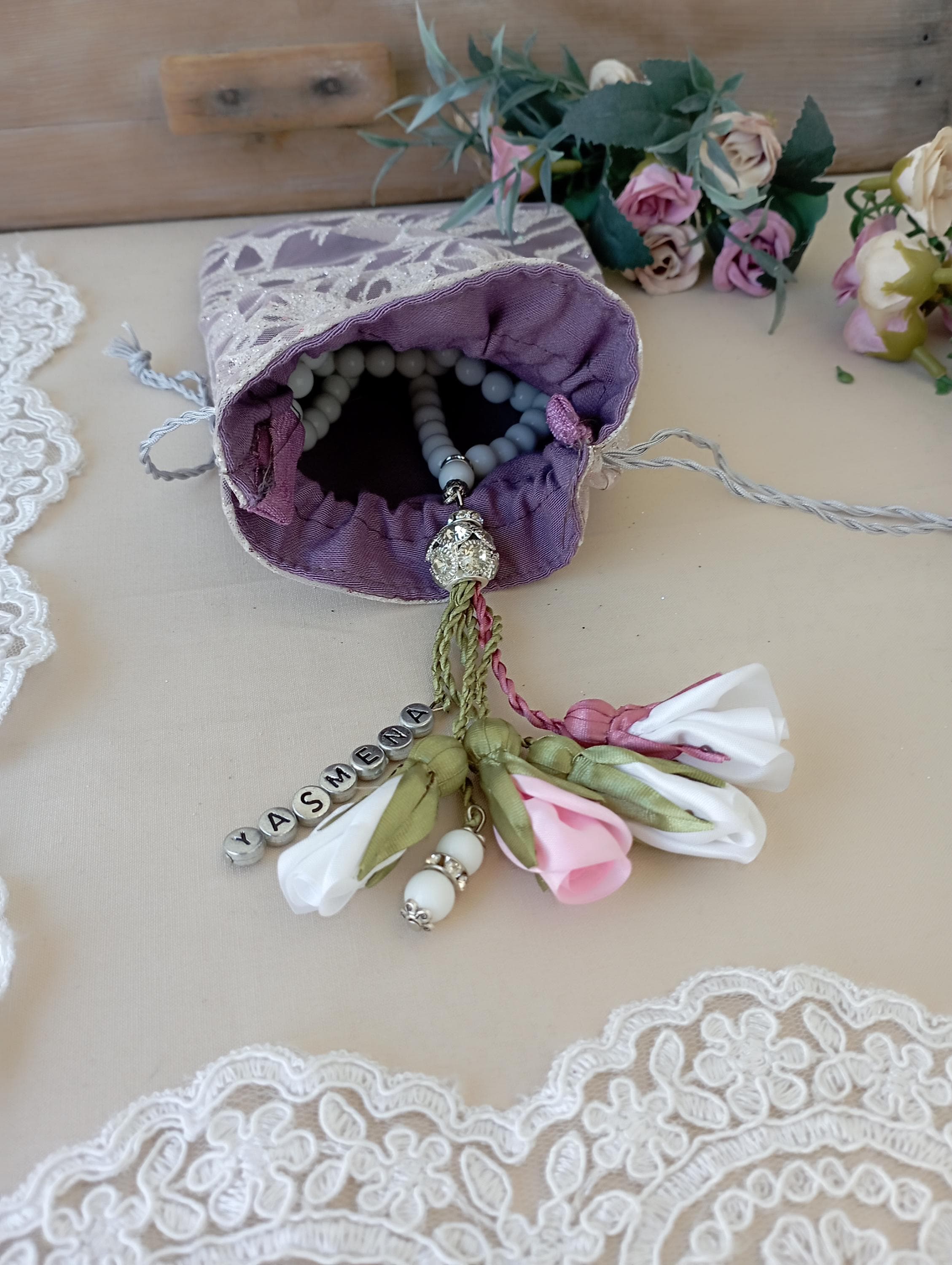 Personalized Prayer Bead Pouch, Glitter Fabric Drawstring Bag - image 3