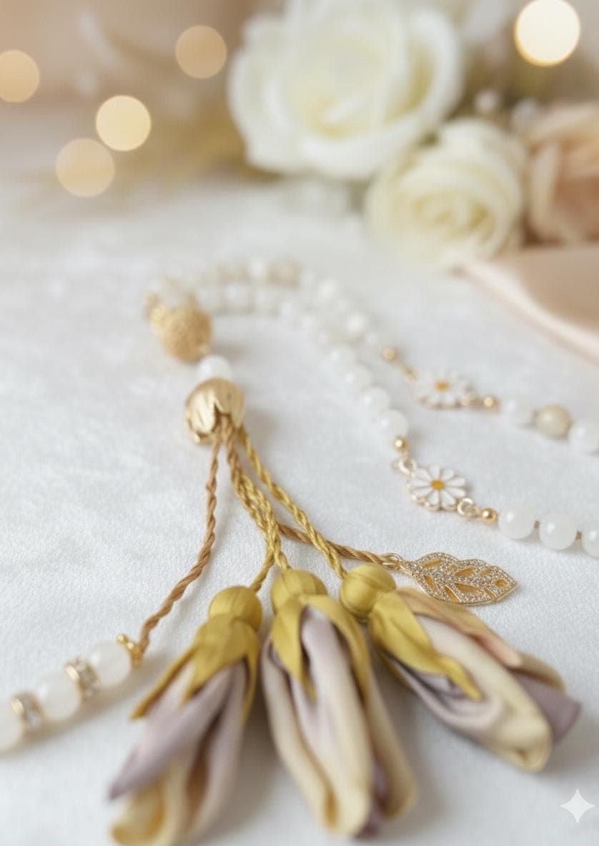 White Natural Ceyt Stone Tasbih Prayer Beads with Bookmark: Gold Accents