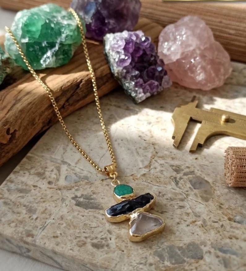 Handmade Natural Stone Necklace, Raw indian Emerald-Amethyst-Quartz Pendant, Stell Anatolian Motif , Agate- Amethyst-Agate-Jewelry - image 4
