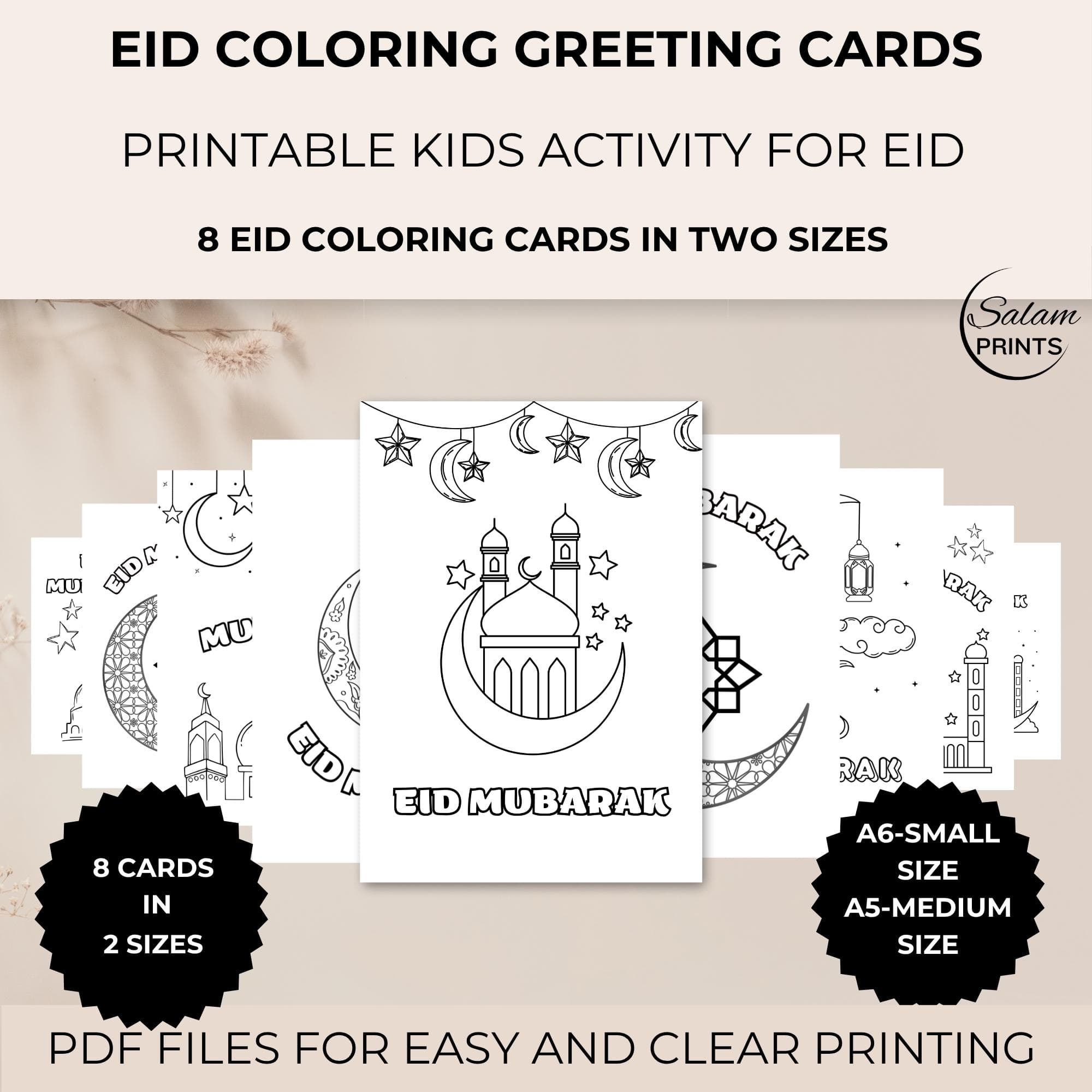 Printable Eid Mubarak Greeting Cards for Kids Coloring Activity,  DIY Eid Craft for Kids, Islamic Homeschooling, Digital Download