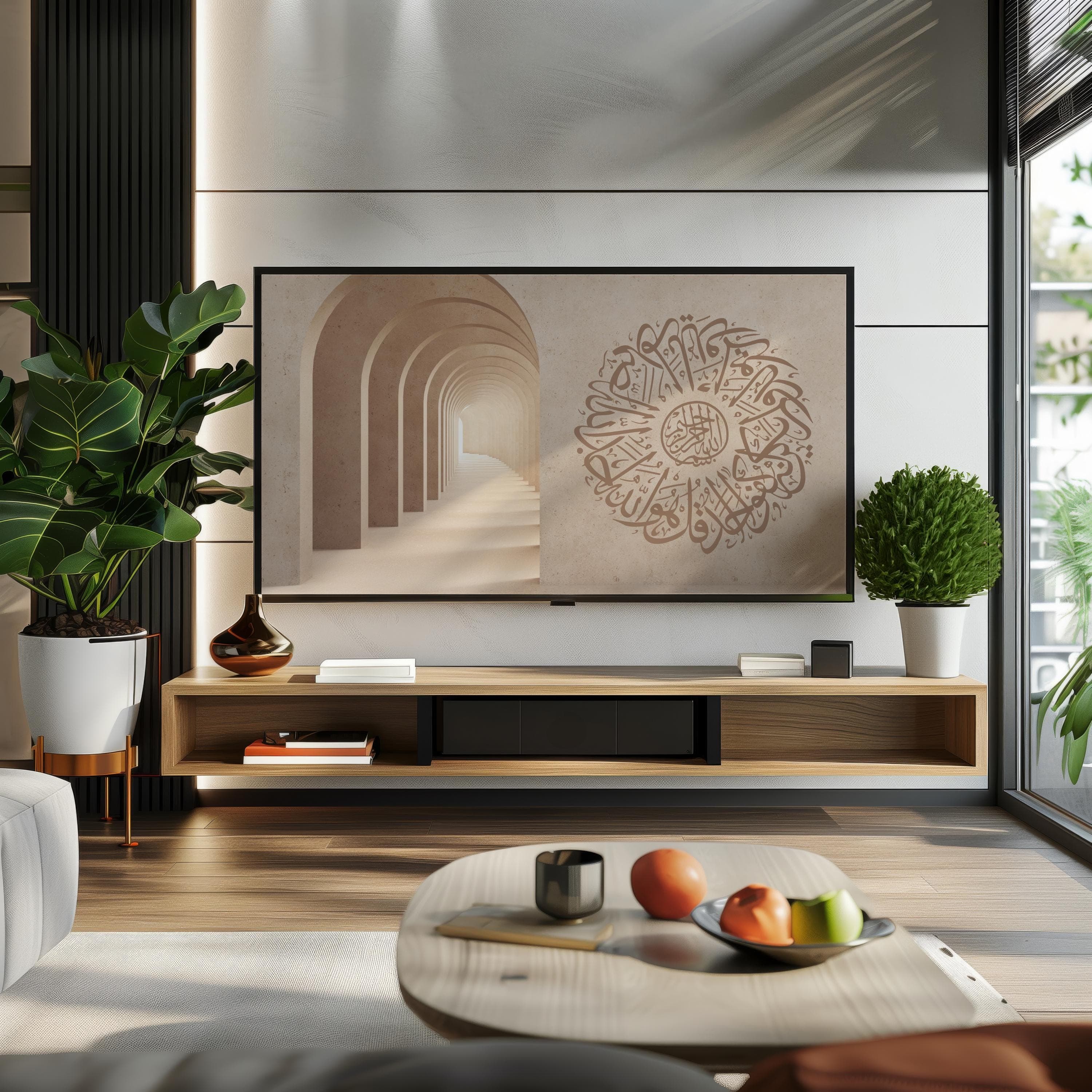 Hassan 2 Islamic mosque digital art for samsung tv frame, Digital wall art with a background in Beige neutral color with quran verse Islamic arabic beautiful calligraphy of Surah Ikhlas in circular calligraphy.