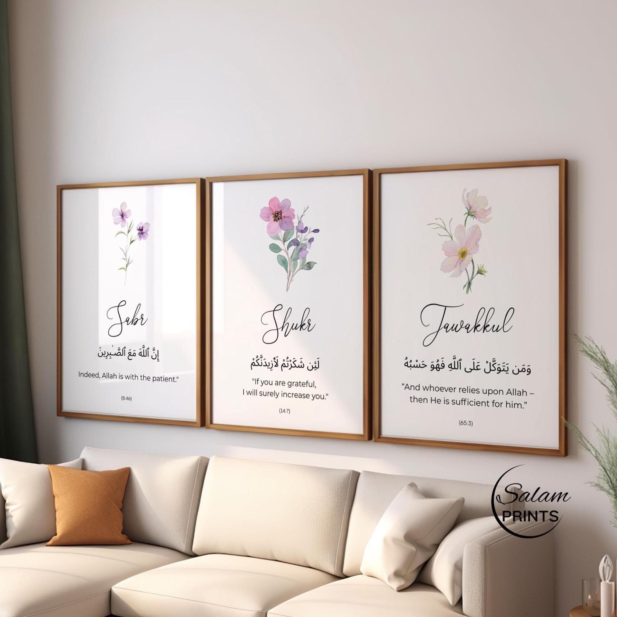Set of 3 Islamic wall art with beautiful watercolour flowers on a white background below the flowers are written sabr shukr tawakkal and quran verses on sar shukr tawakkul in arabic and its english translation. Perfect for Islamic home decor or prayer areas with spiritual values and positivit