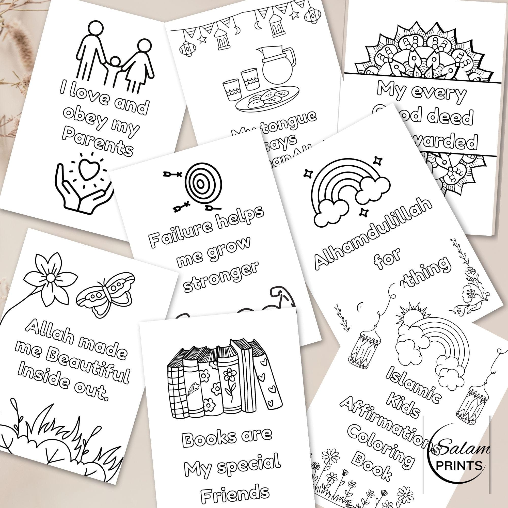 30 Positive Affirmation Printable Coloring Pages for Muslim Kids | Islamic Homeschooling Activity Sheets | Calm Corner Digital Download