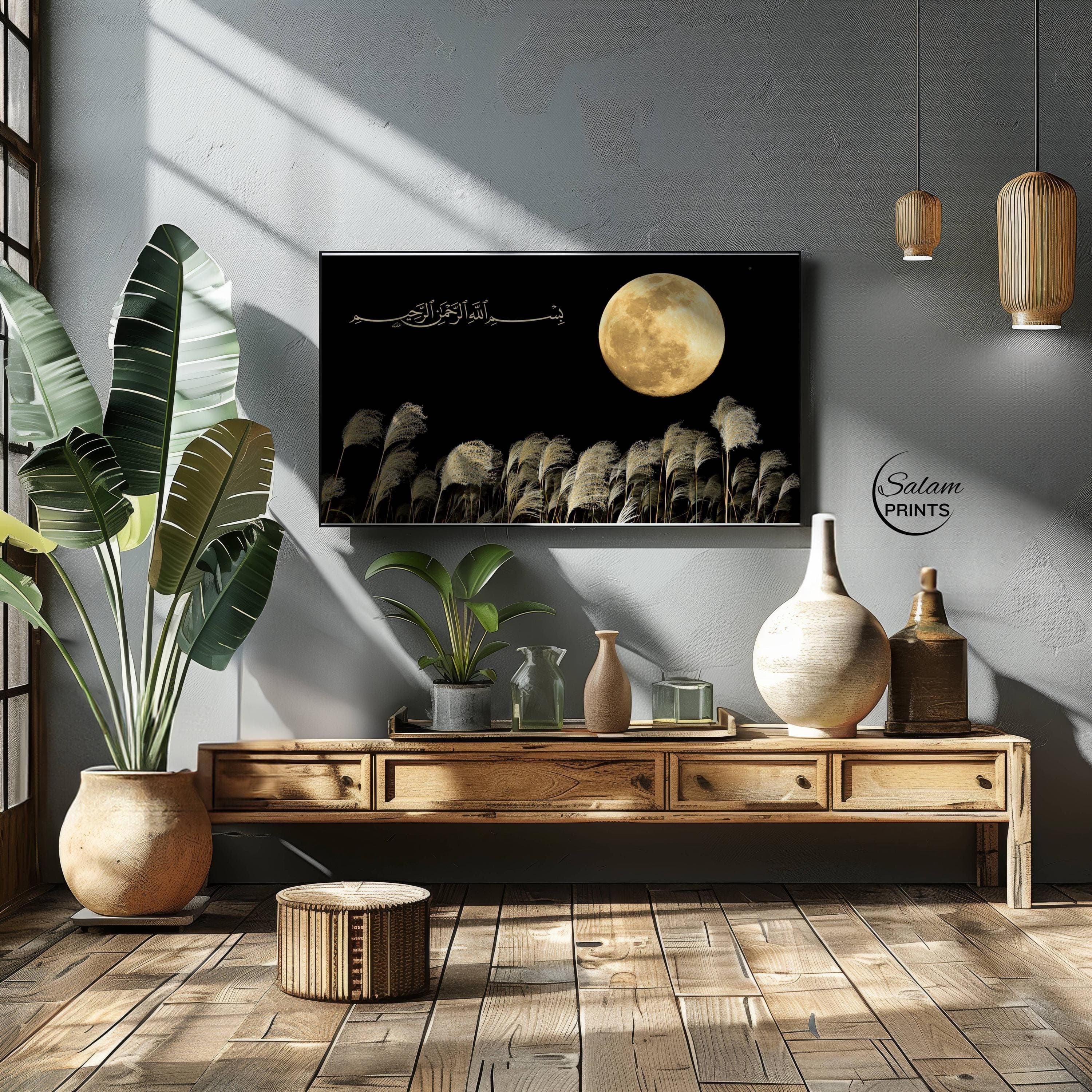 Full Moon Frame TV Art | Black Beige Bismillah Calligraphy Samsung Frame TV Decor for Modern Muslim Home Eid Decorations, Digital Download - image 5