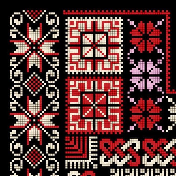 Palestinian tatreez thobe wall art printable featuring intricate red and multicolor embroidery on a black background, traditional qabbeh chest panel design, cultural Palestine decor digital download, Arabic folk art print, Middle Eastern heritage embroidery poster, bold ethnic wall art for living room or gallery wall, detailed cross stitch motifs inspired by authentic Palestinian embroidery patterns