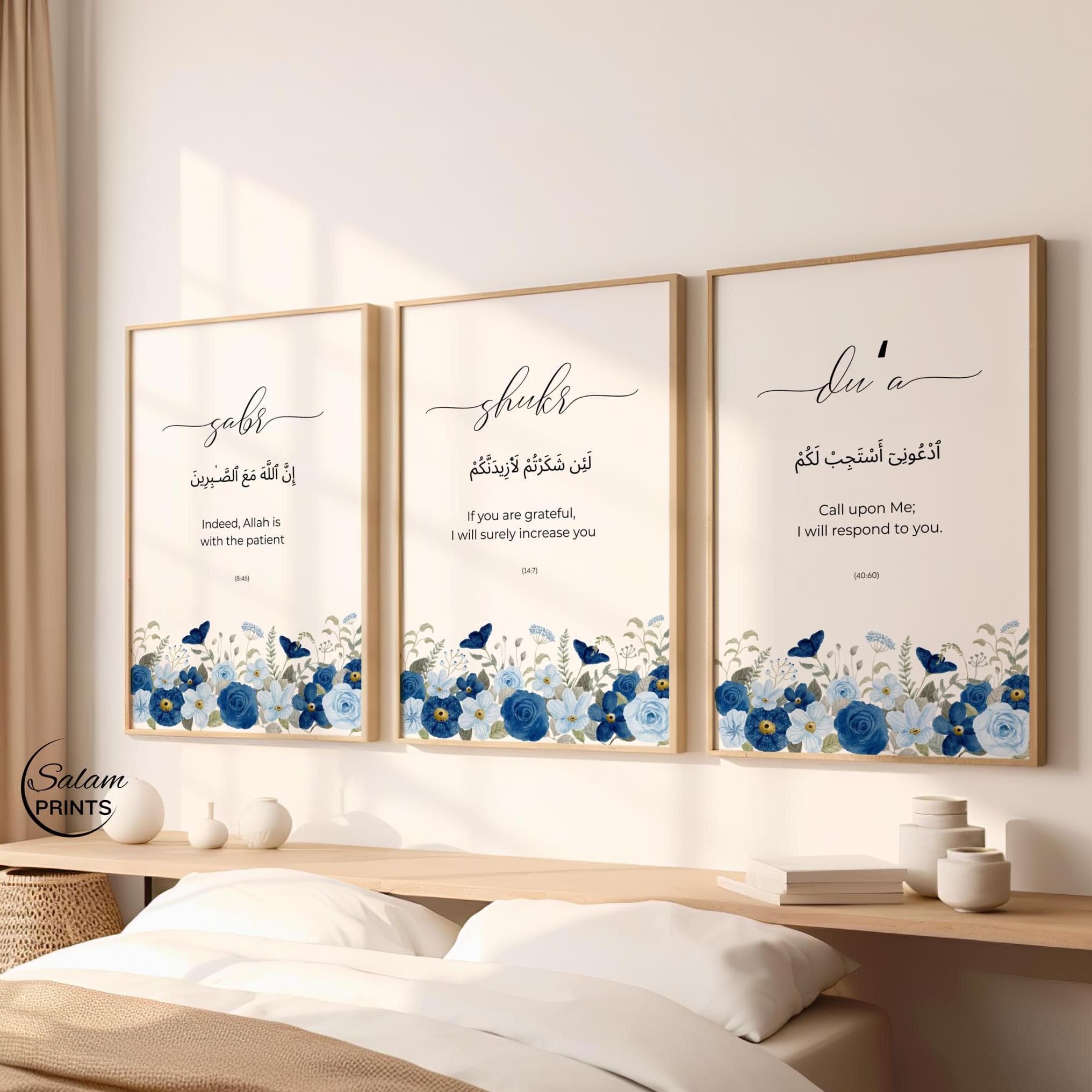 Quran Quote Islamic Wall Art set of 3 | Navy Blue Sabr Shukr Dua Prints | Floral Dhikr Poster for Modern Muslim home Decor |Gift for Muslims