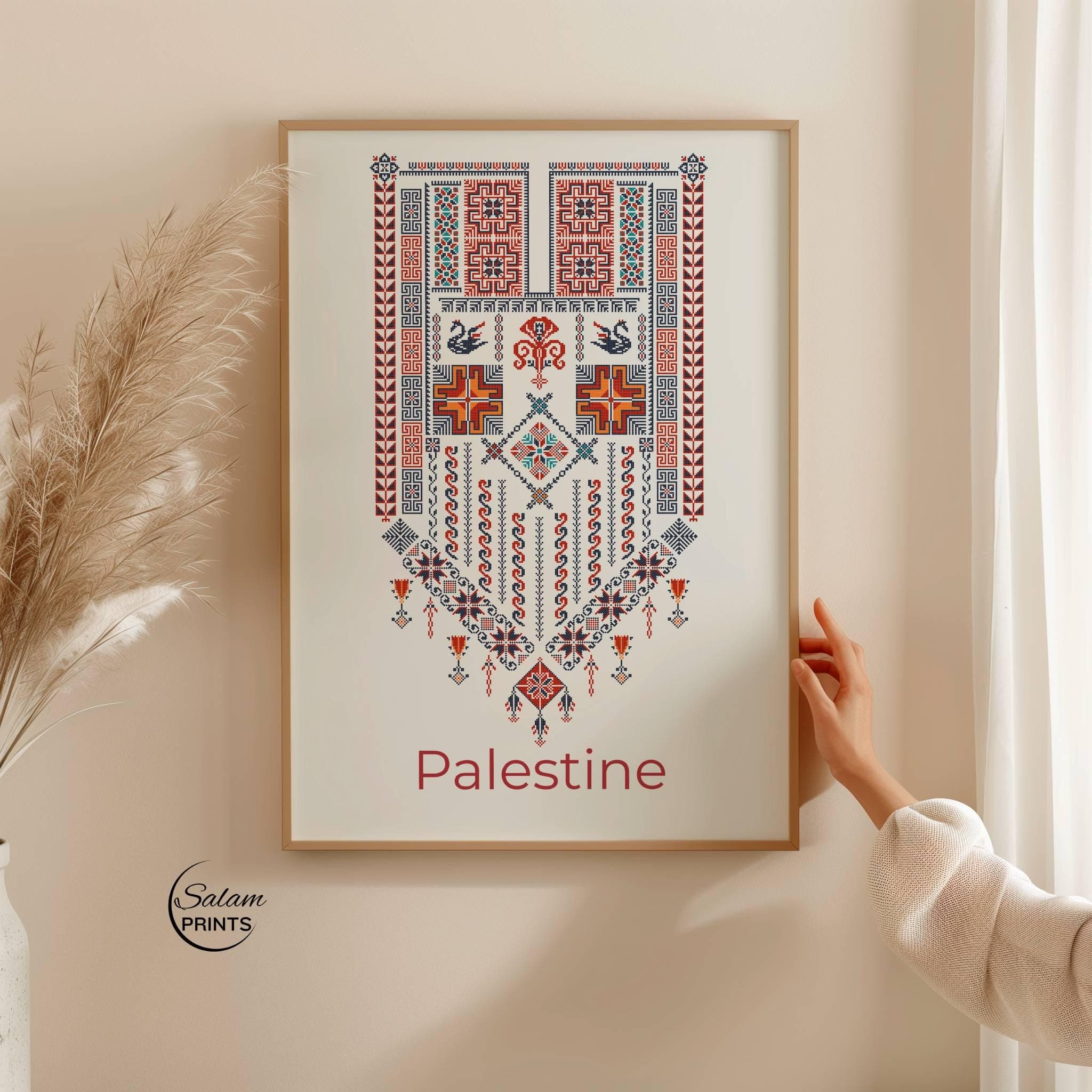 Palestinian Tatreez neck thobe design wall art featuring intricate multicolor embroidery with bold red patterns on a clean white background, inspired by traditional Palestinian heritage and Islamic decor style