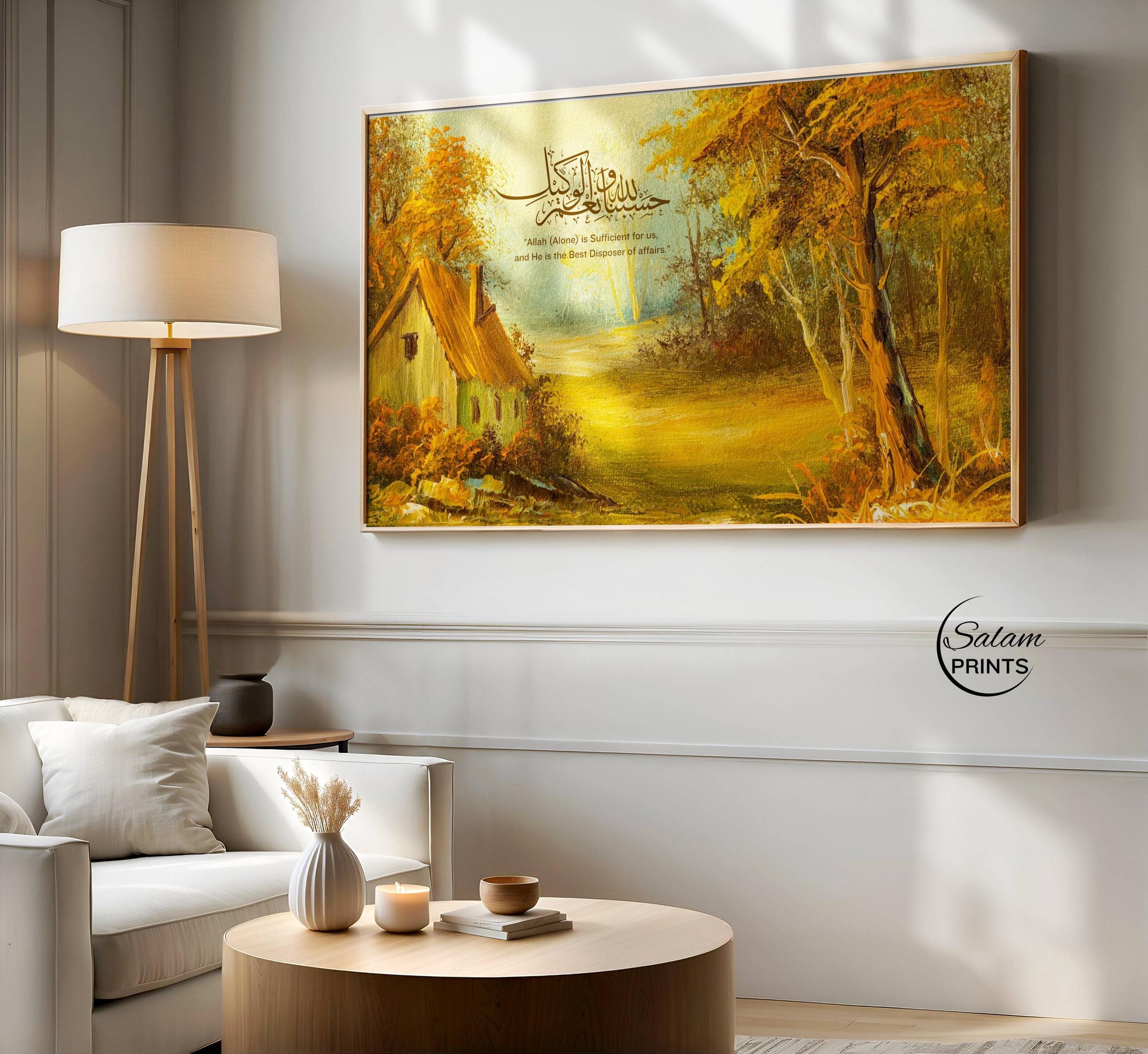 Vintage Oil Painting : Samsung Frame TV Art | Rustic House by Lake Landscape | Hasbunallahu Arabic Calligraphy TV Artwork | Digital Download