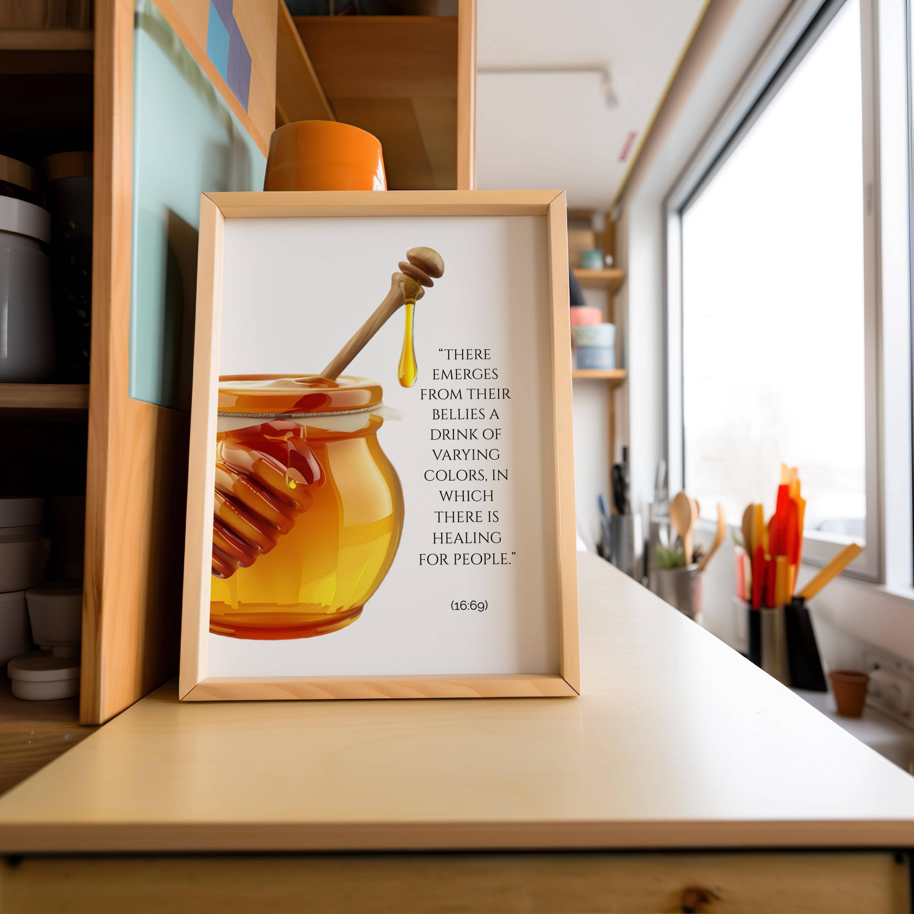 Islamic honey wall art with Quran verse about healing
Surah An-Nahl 16:69 honey Islamic kitchen decor
Quran verse honey Islamic dining room wall art
Islamic wall art for kitchen with honey illustration