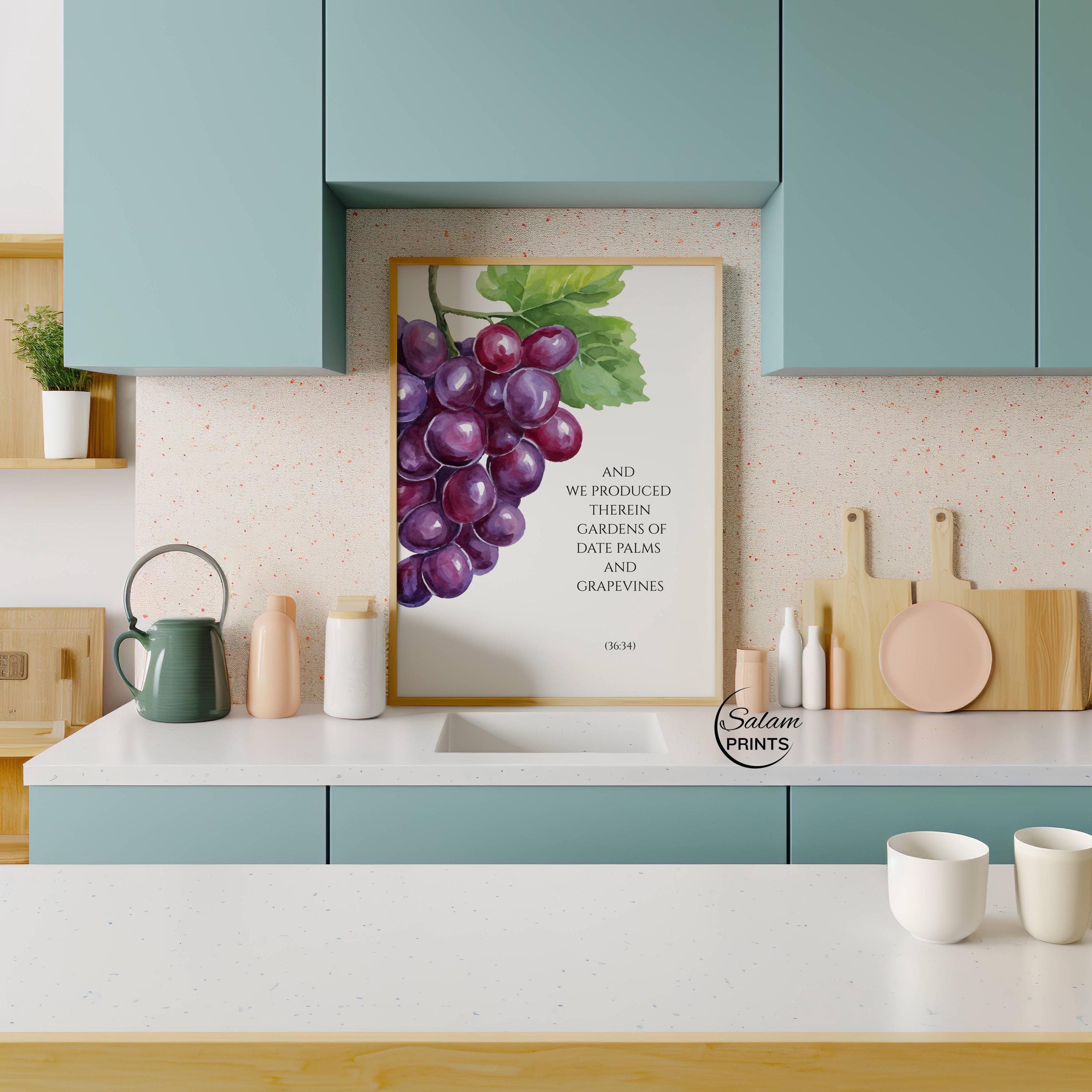 Islamic kitchen wall art featuring grapes inspired by a Quran verse, elegant grape illustration symbolizing Allah’s provision and blessings, faith-inspired Muslim kitchen decor printable, Quran inspired fruit wall art for dining room or pantry, modern minimalist Islamic wall art, halal home decor digital download, Ramadan and Eid Islamic kitchen artwork.