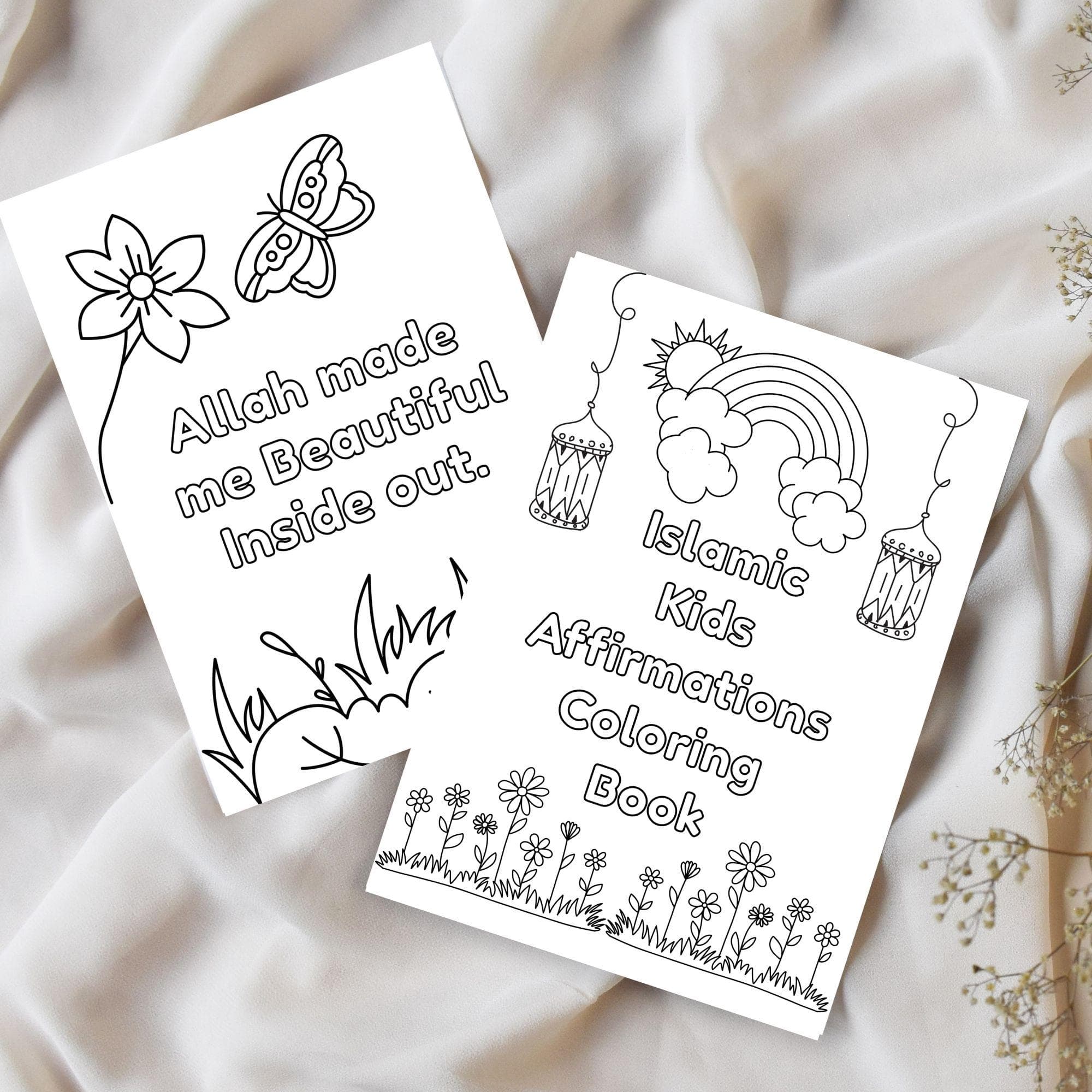"Kids Islamic Affirmations Coloring Book – 30 printable JPG and PDF pages with positive Islamic messages, child-friendly designs, and fun activities for Muslim children during Ramadan, homeschooling, or daily learning."