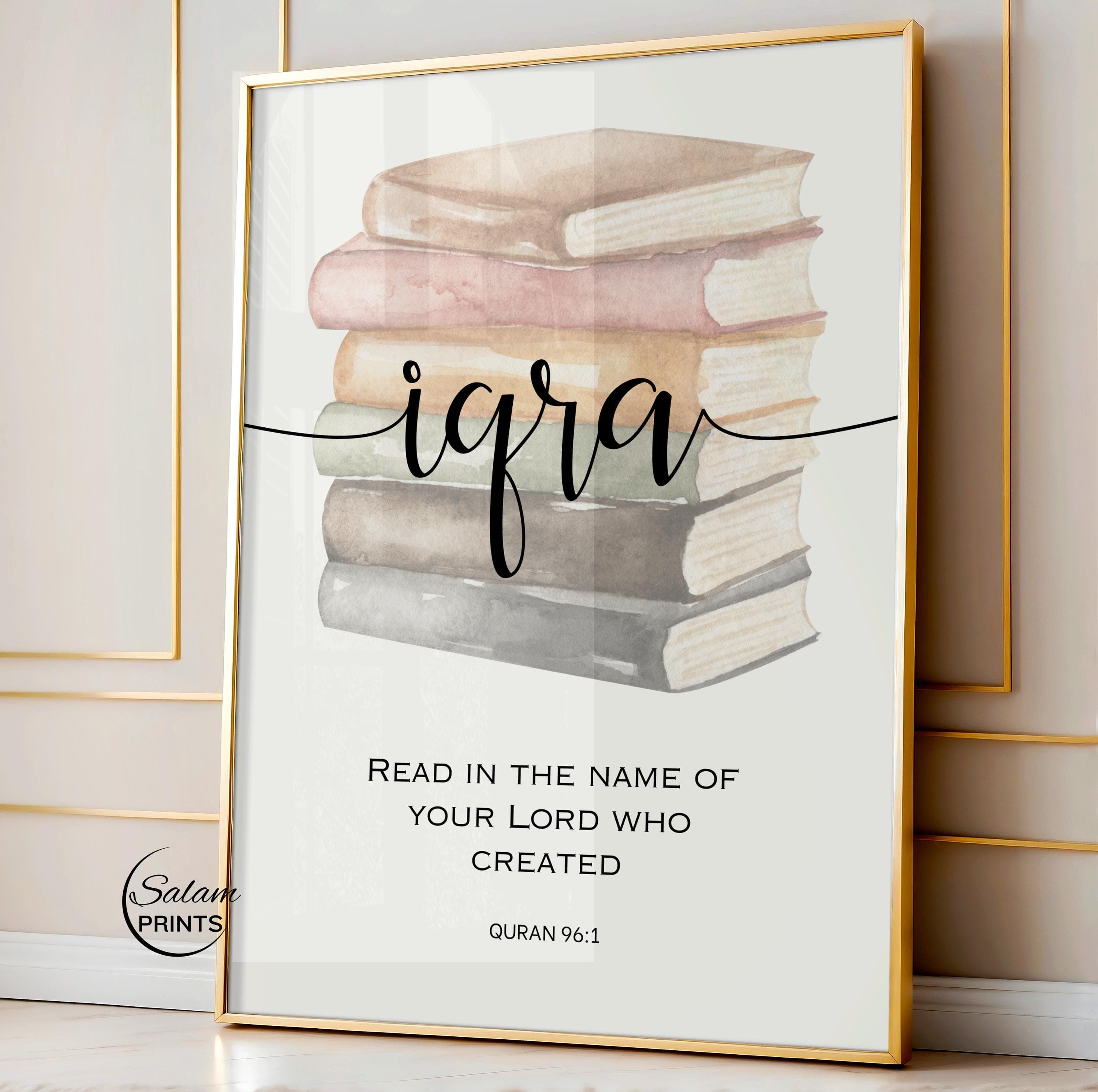 Iqra Quran verse wall art featuring watercolor books and rabbi zidni ilma in glyph modern script font or  line font written on graduation hat and degree perfect for Islamic home decor, Muslim nursery, and educational spaces. Minimalist Quranic calligraphy print, ideal for study room inspiration or a modern Islamic interior. Ideal Gift for students or graduation day ceremony or success party