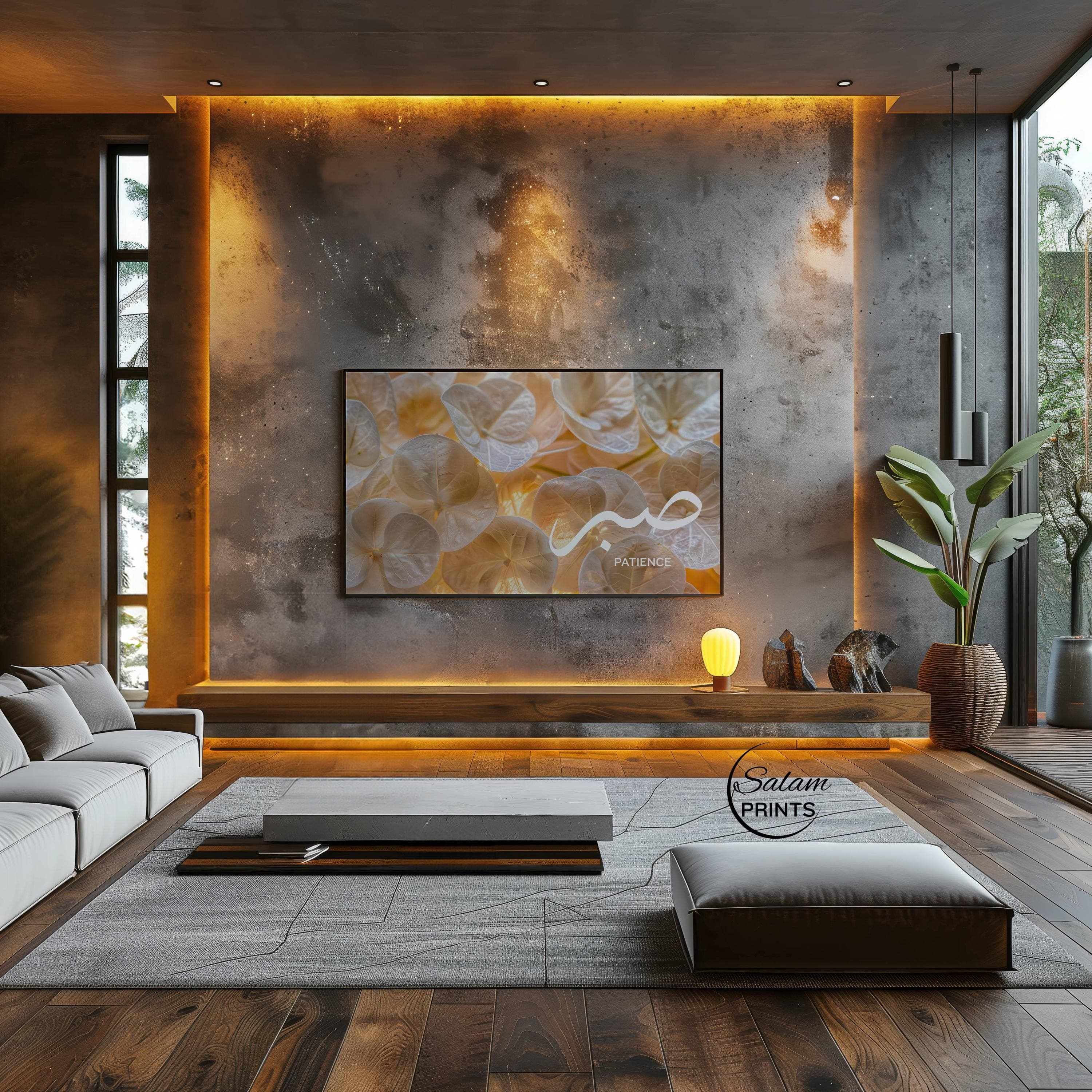 Minimalist Samsung Frame TV wall art featuring a close-up of soft white flowers with the Arabic word “Sabr” beautifully written, creating a calm and elegant Islamic décor aesthetic.
