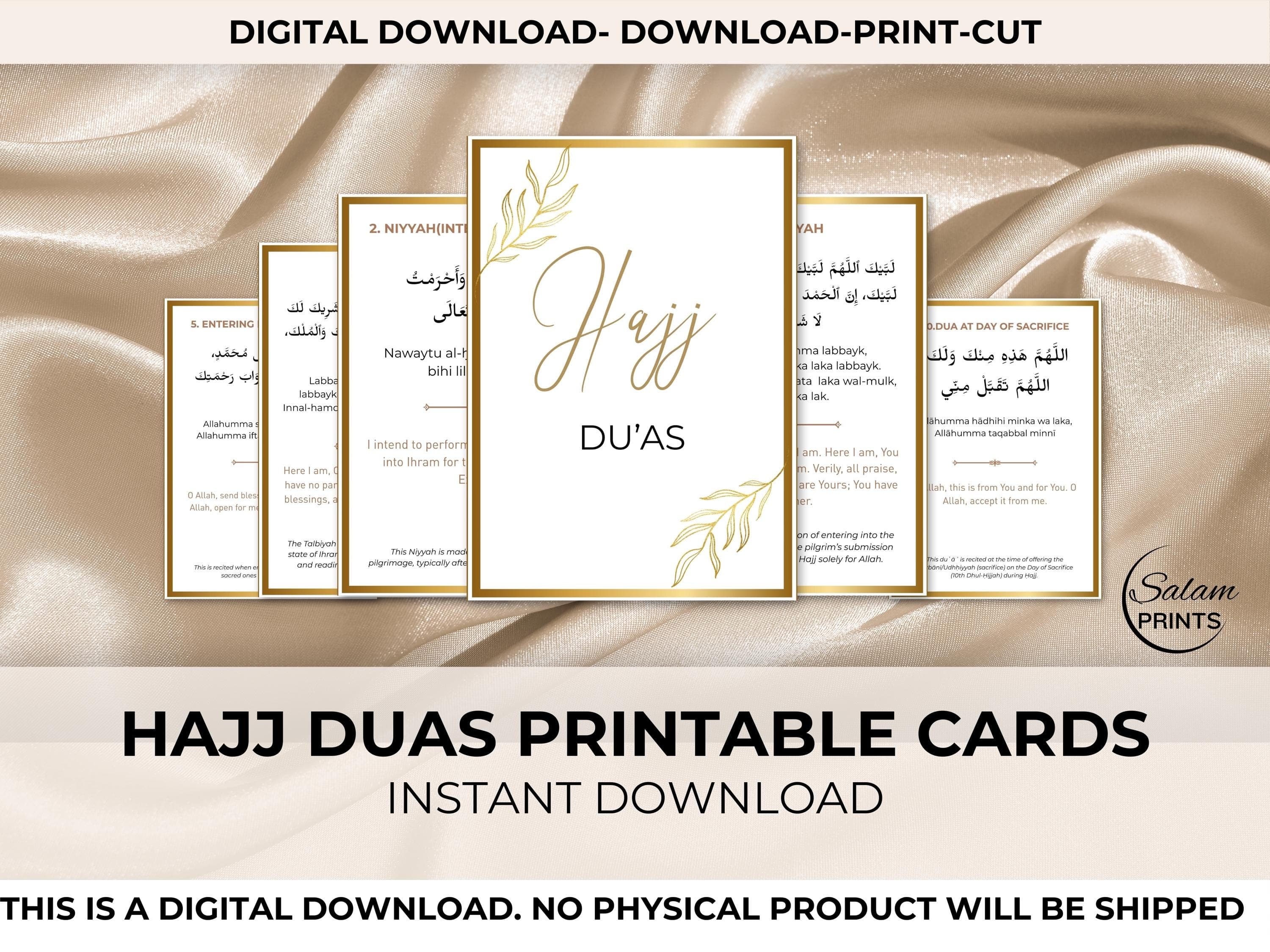 32 Hajj Dua Cards printable set in ISO SIZE , PRINTABLE IN A5 OR A6 , designed with elegant gold borders on beige and white backgrounds, featuring Arabic text with transliteration, English translation, and concise explanations for each Hajj-related supplication. Each A4 sheet prints 4 high-quality Islamic dua cards, perfect for pilgrims, Ramadan prep, Eid gifts, Islamic learning, travel, and daily spiritual reflection. Islamic digital download for personal use.