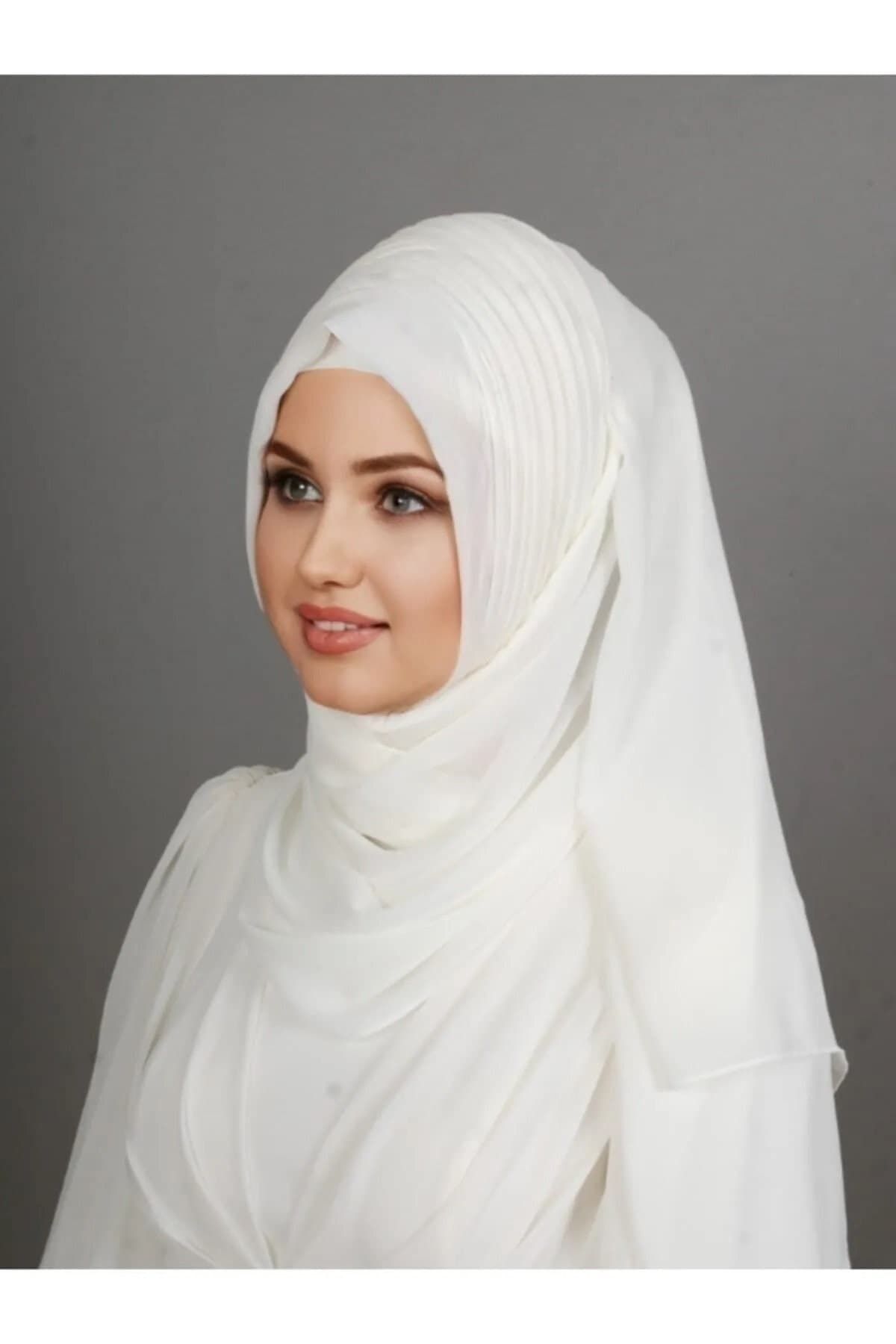 Ecru Chiffon Bridal Hijab, Ready to Wear Muslim Wedding Turban - image 3