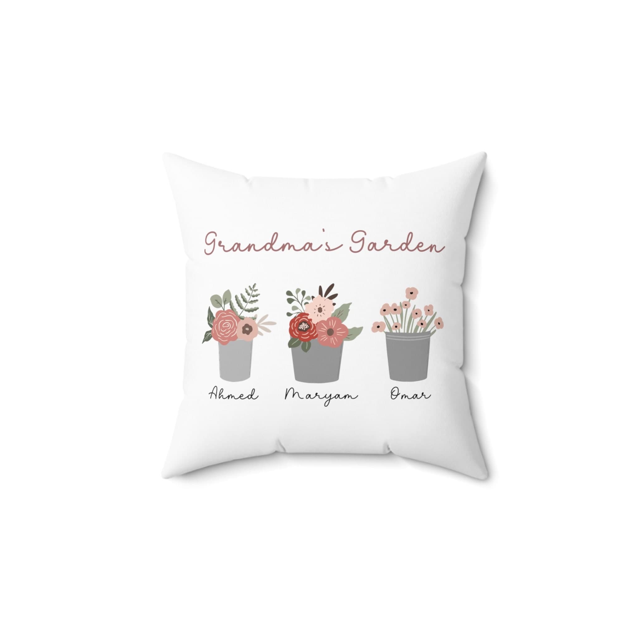 custom text pillow in white of grandchildrens names.
