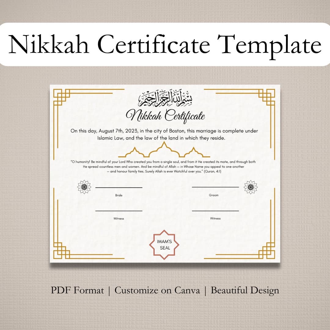 Elegant Nikkah Certificate Template: Islamic Wedding Decor (Printable)