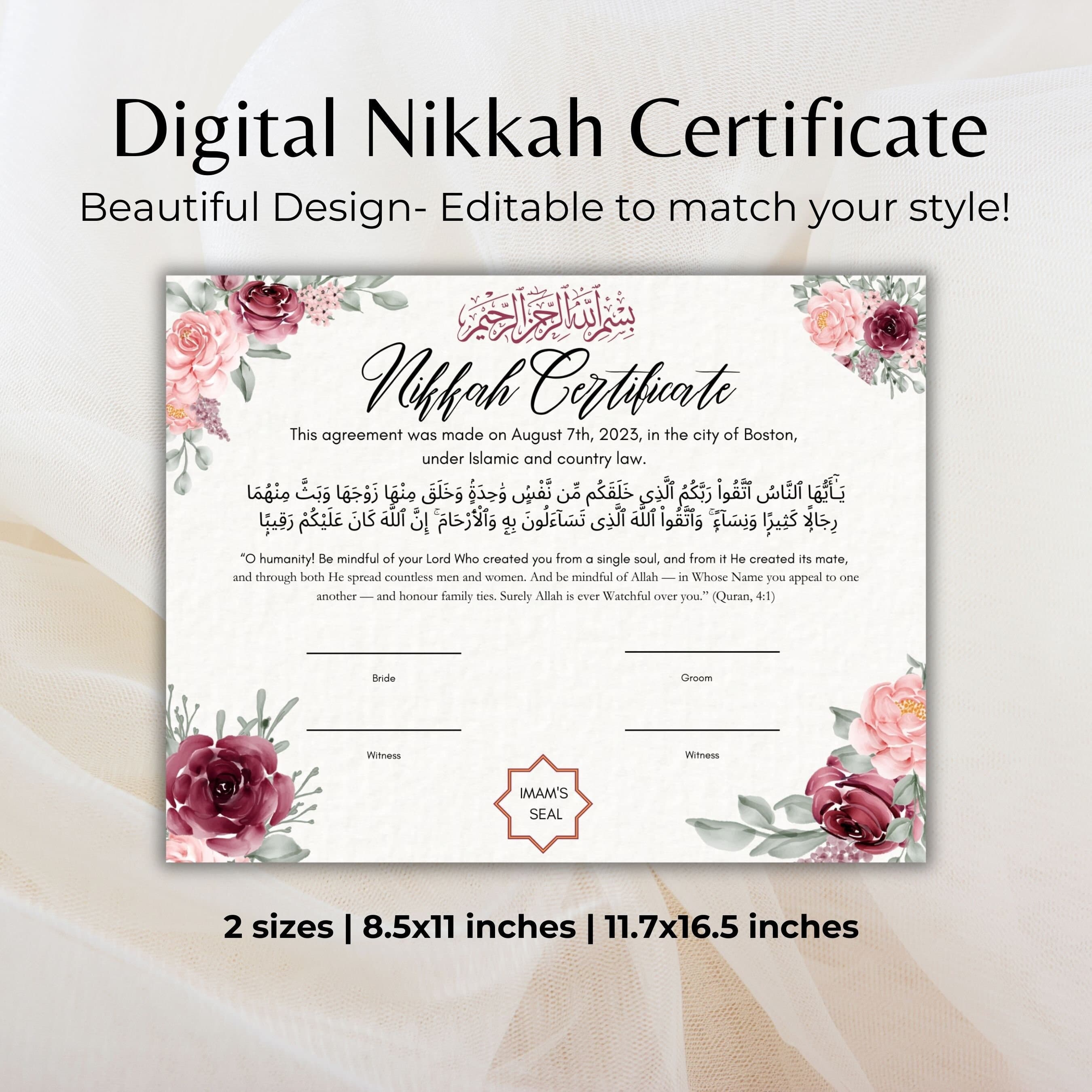 Editable Nikkah Certificate: Islamic Wedding Contract (Digital Download)