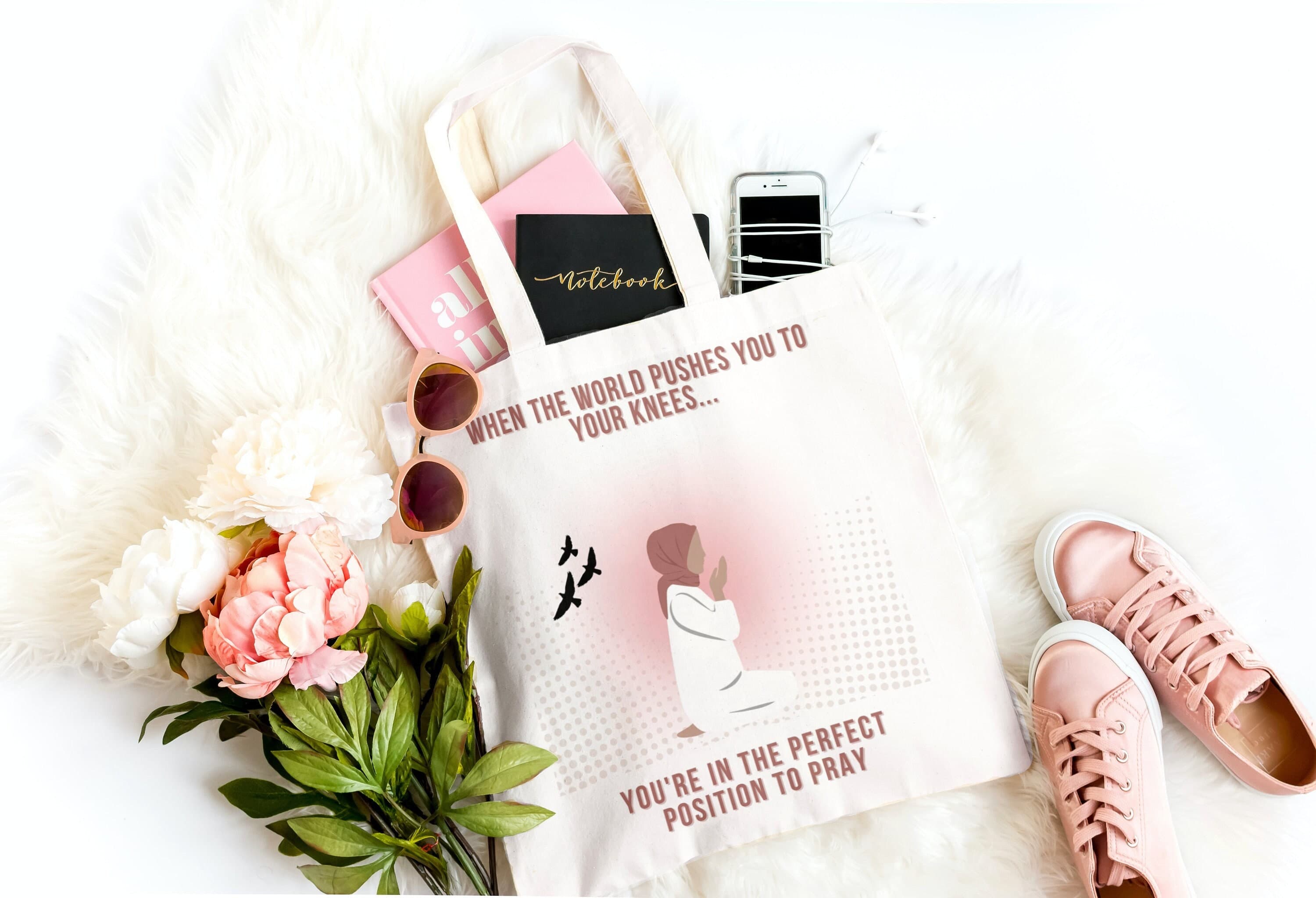 Muslim Woman Tote Bag: Hijabi Prayer Design, Eid Gift