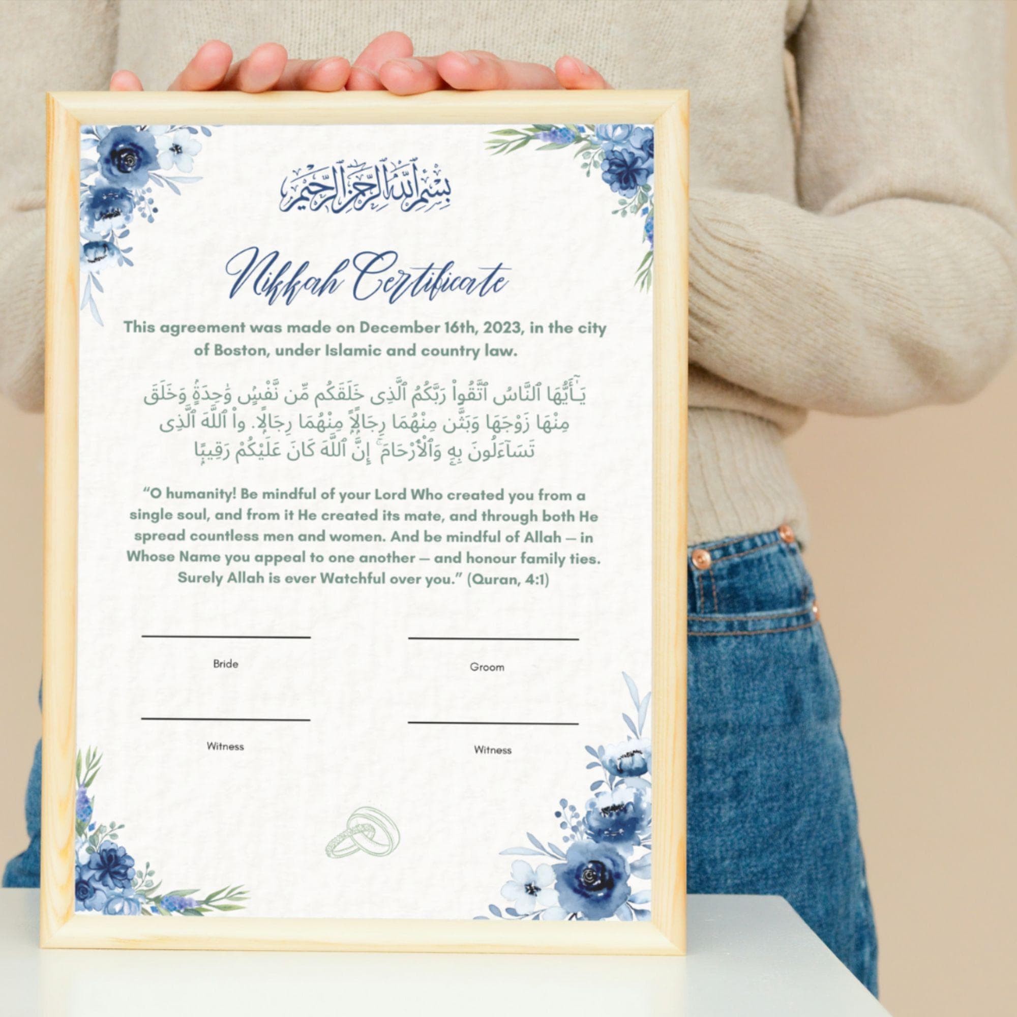 Elegant Muslim Nikkah Certificate: Blue Floral Islamic Wedding (Digital Download)