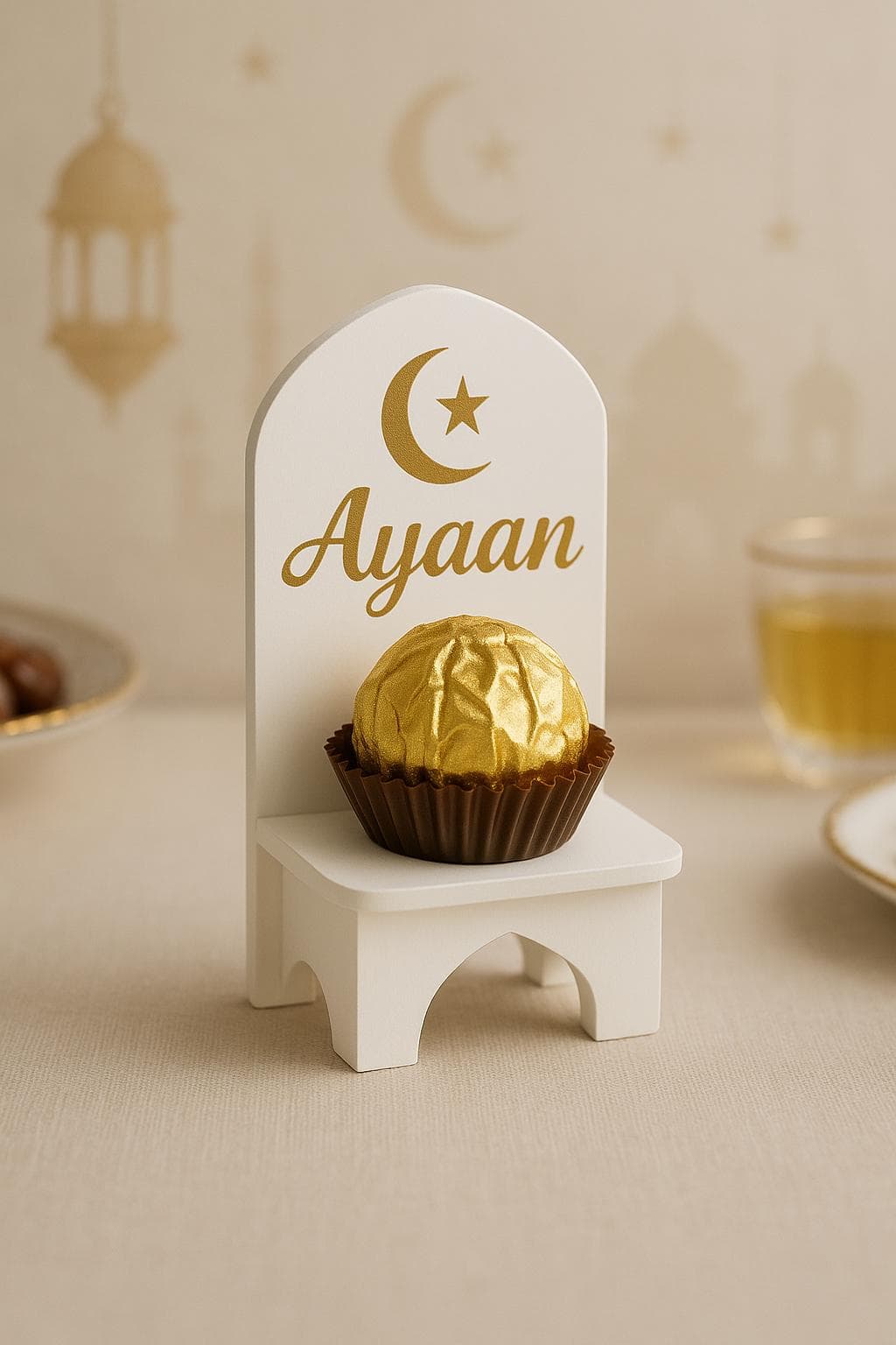 Personalised Ramadan Chocolate Holder • Name Place Setting • Iftar Table Decor • Chocolate & Date Favour Stand • Eid Party Gift